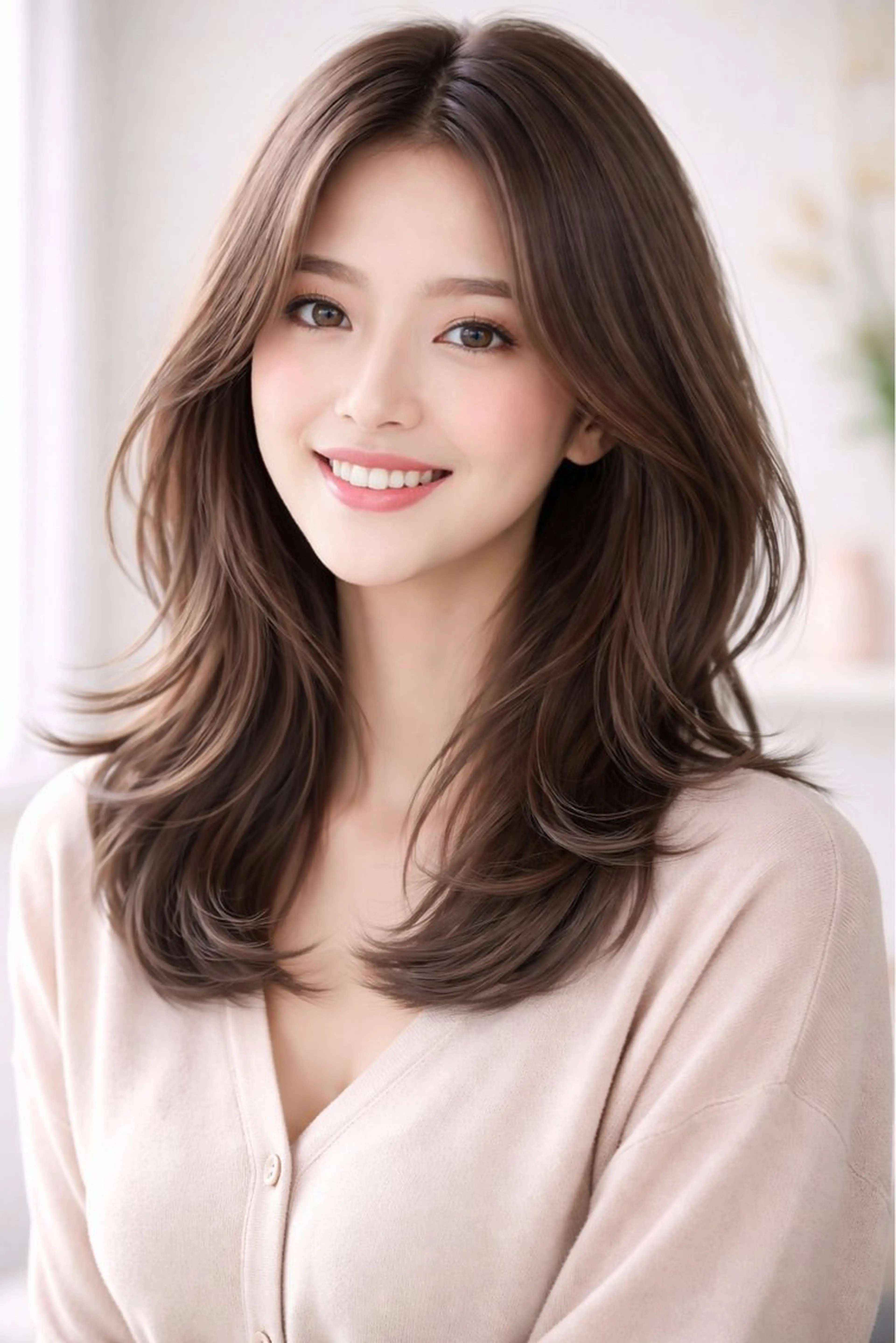 セミロング カラー 顔まわりレイヤー 韓国風ヘア レイヤーカット 小顔カット au美容室所属・au栄矢場町 水素髪質改善Tのヘアスタイル