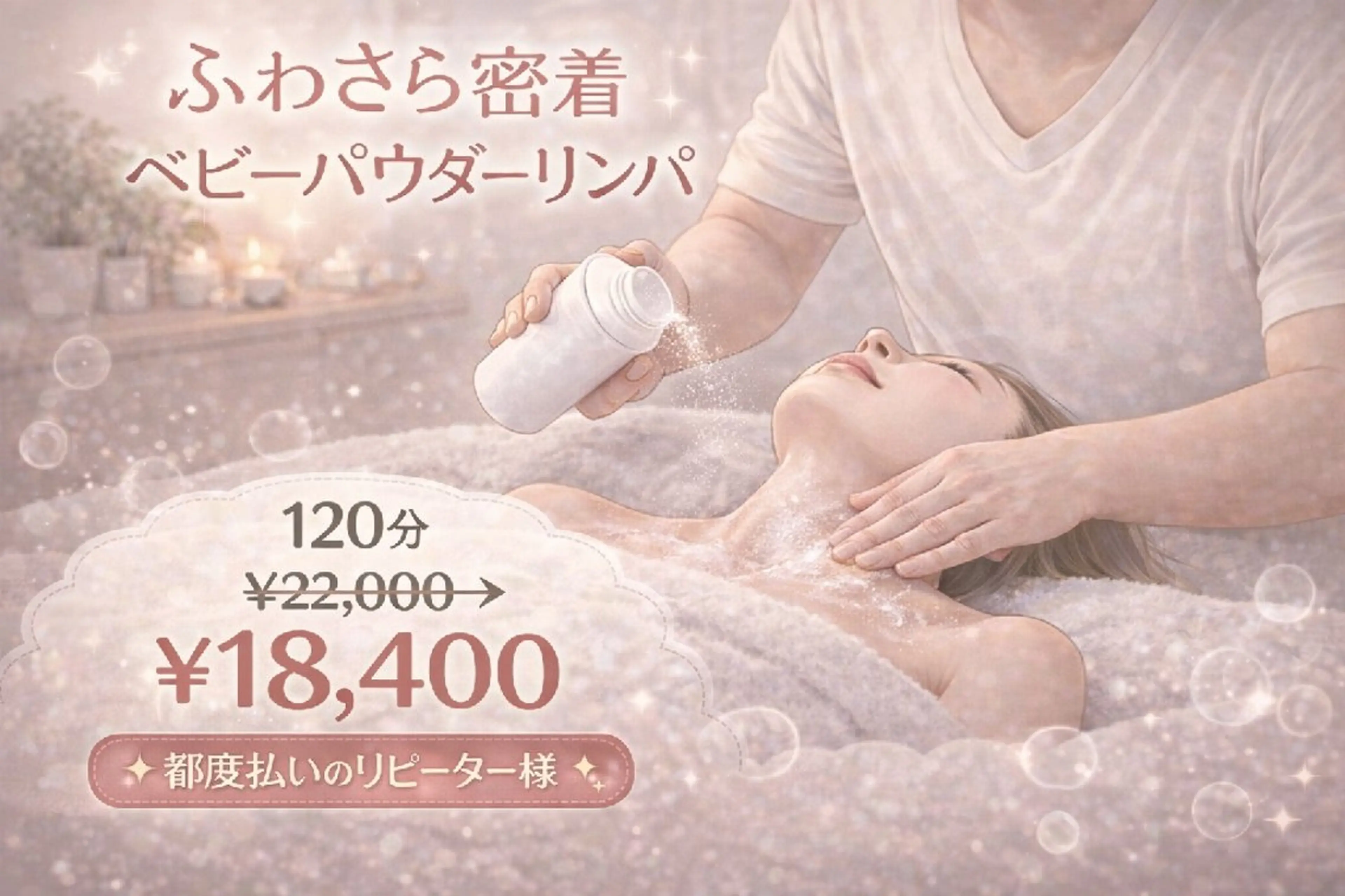 【再来｜都度払い】💖ふわさら優しく包むベビーパウダーリンパ💖120分￥22,000→￥18,400の写真