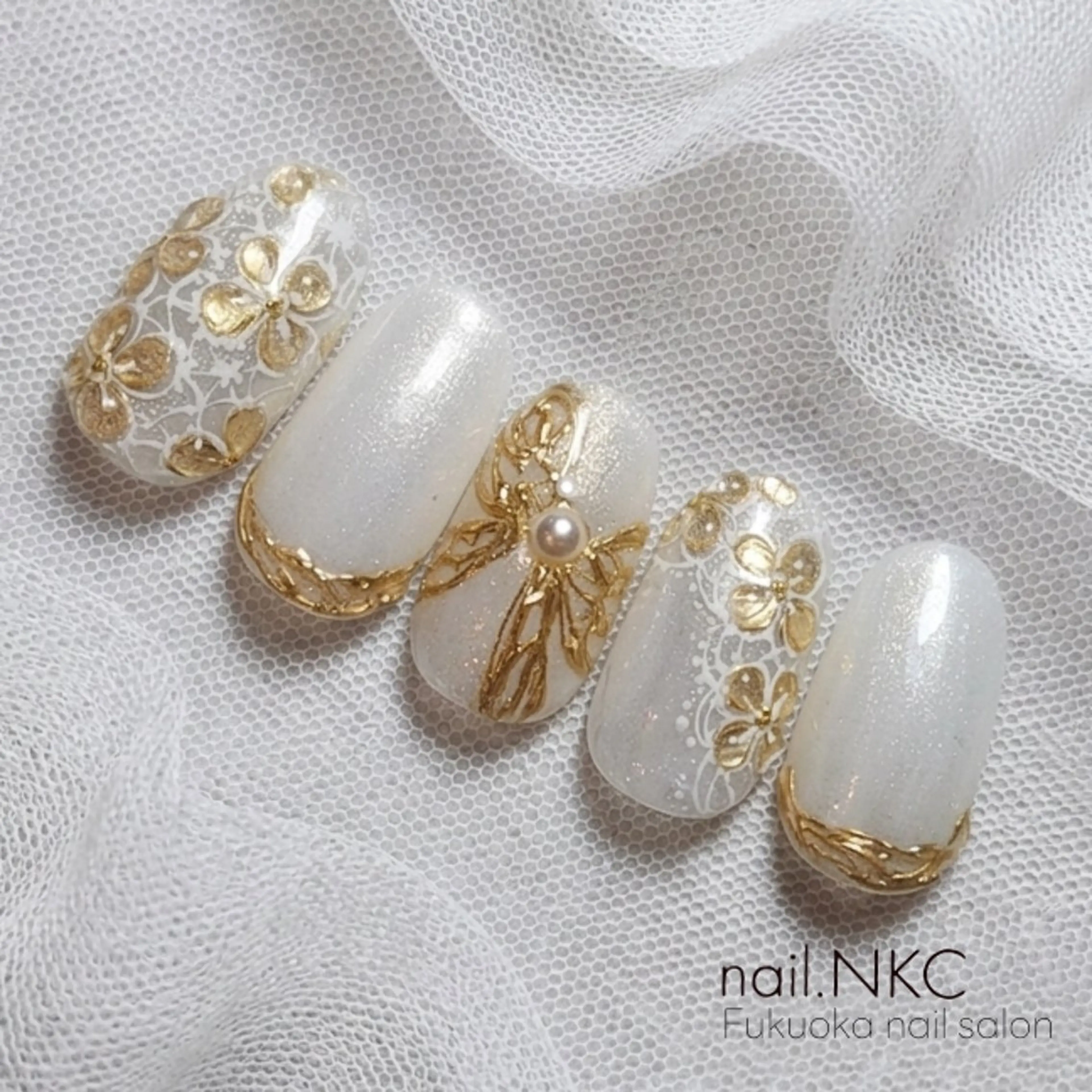 ネイル フラワーネイル レース リボン ブライダルネイル nail.NKC ネイルエヌケーシーのネイルデザイン