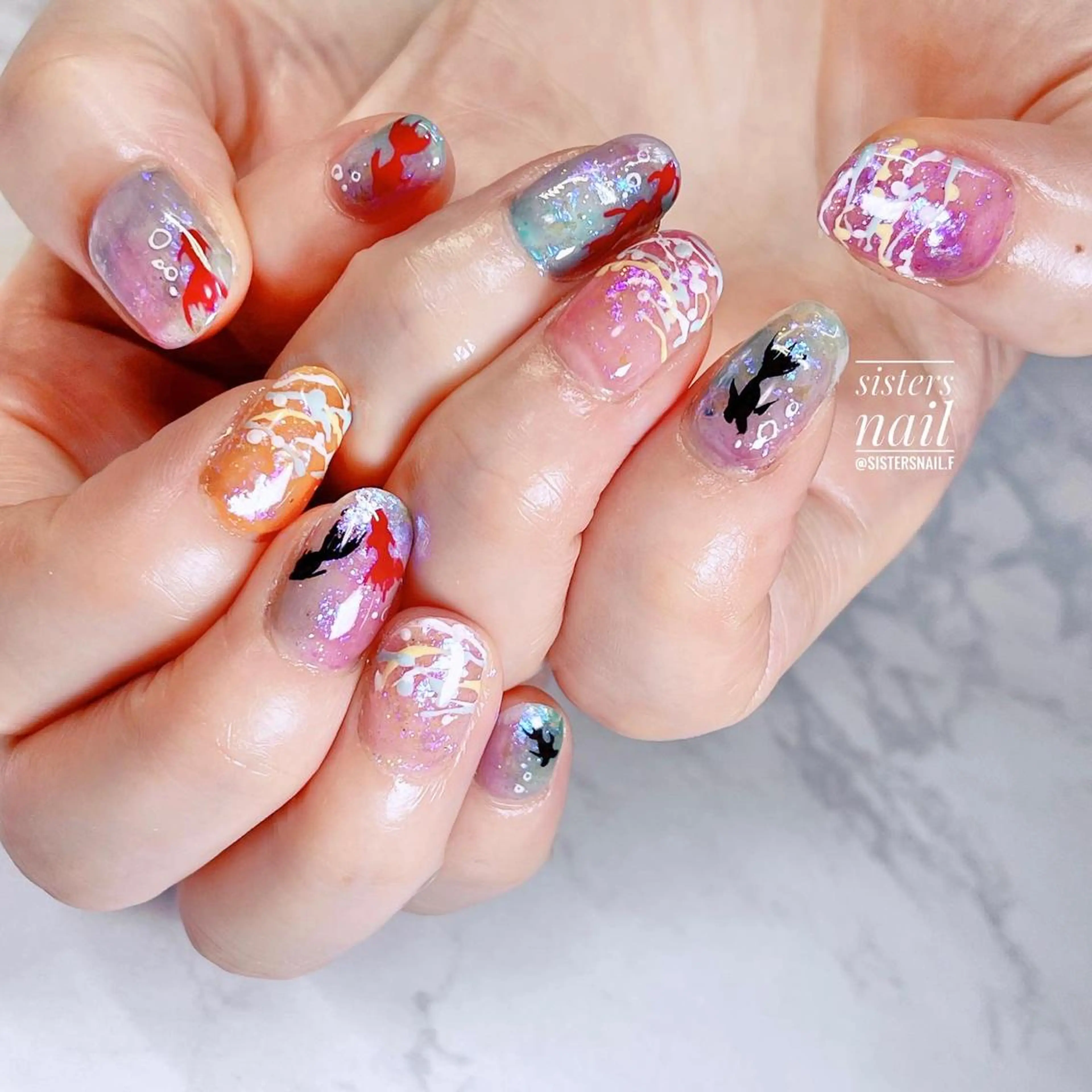 ネイル アートネイル オーロラネイル 夏ネイル ヨーヨーネイル sisters nail.fのネイルデザイン