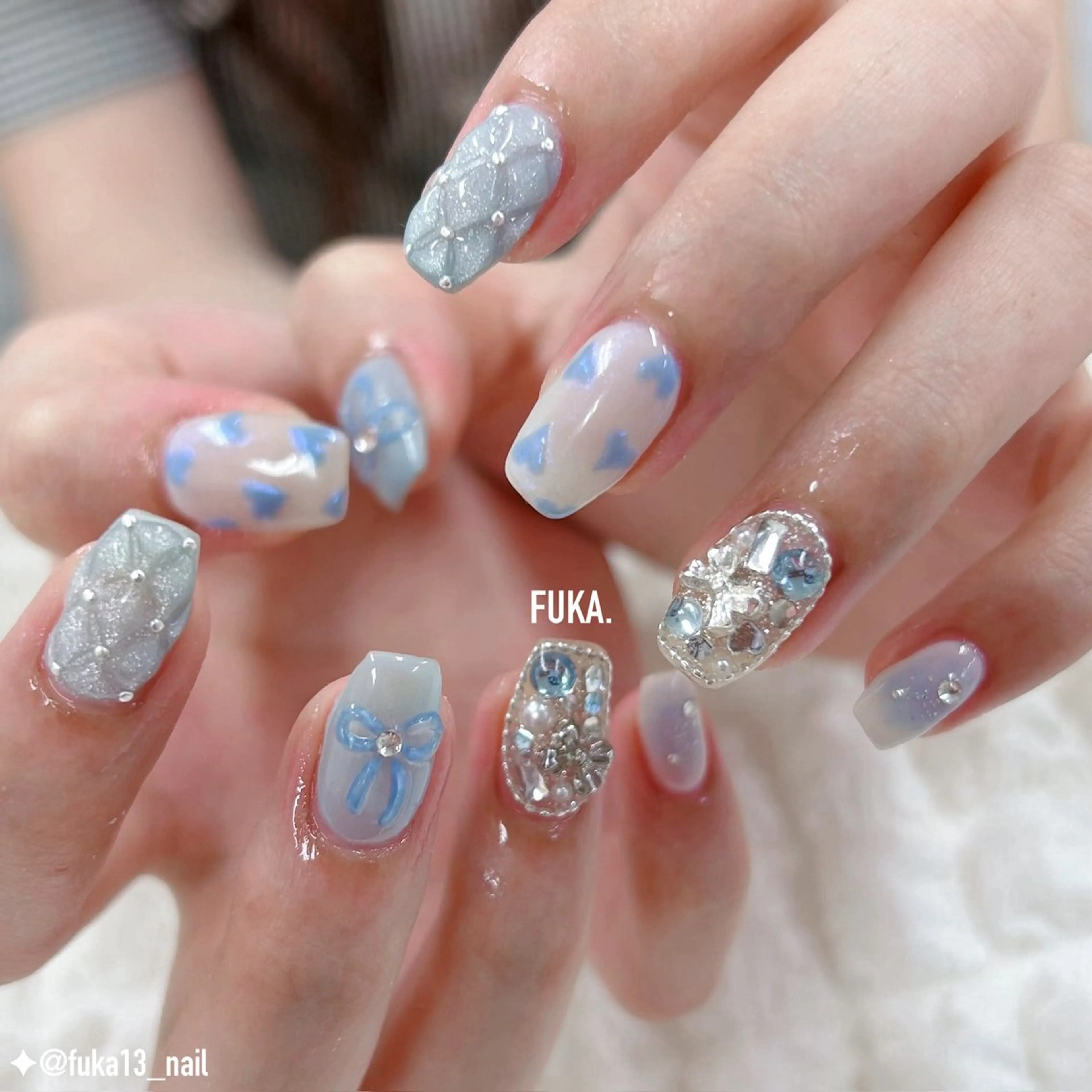 ネイル ブルー ガーリー ハート リボン ハンドネイル Nail♡Fuka. /5月予約受付中のネイルデザイン