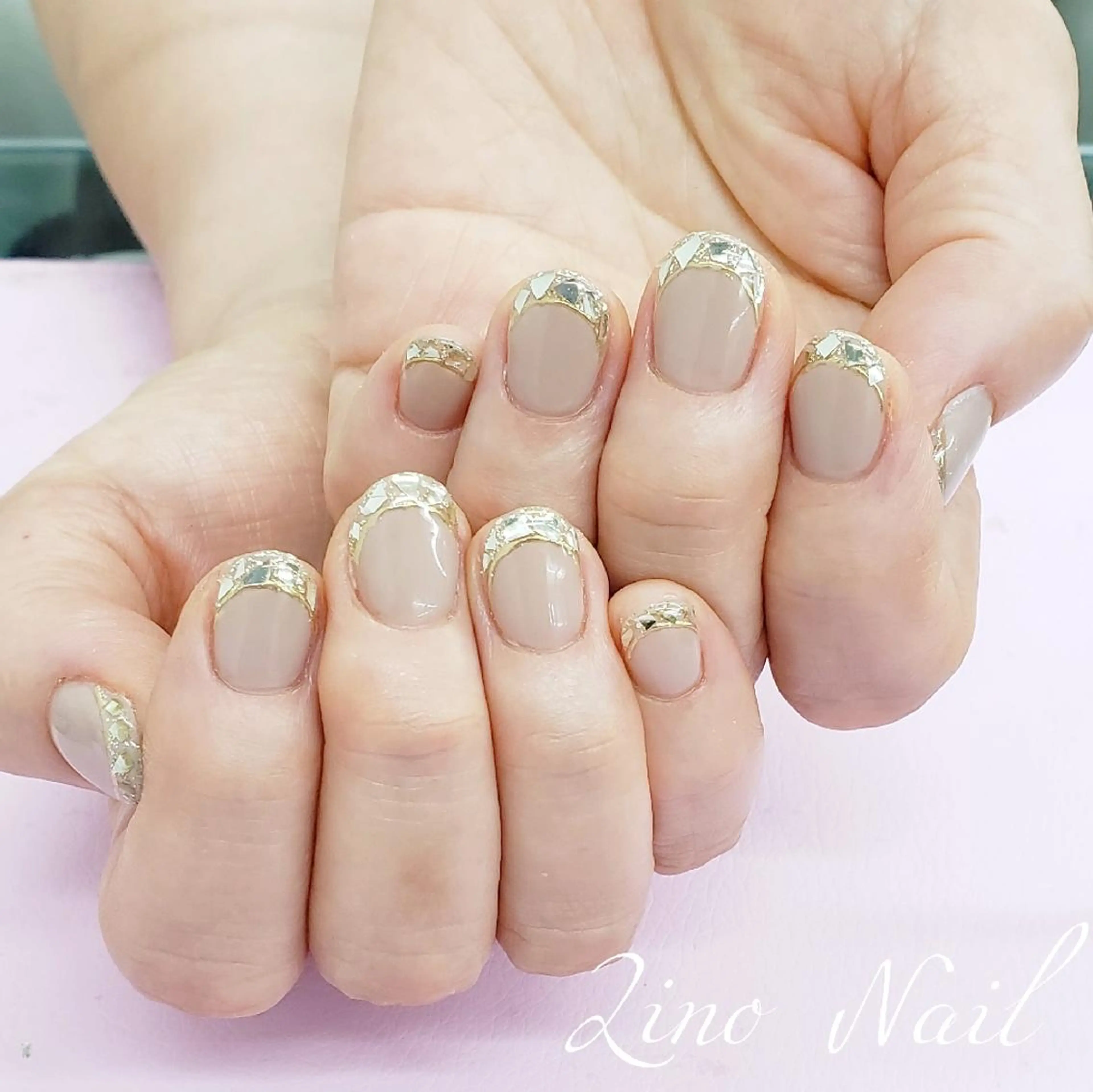 ネイル カジュアル フレンチネイル ジェルネイル ガラスフレンチ キラキラネイル ハンドネイル Lino Nailのネイルデザイン