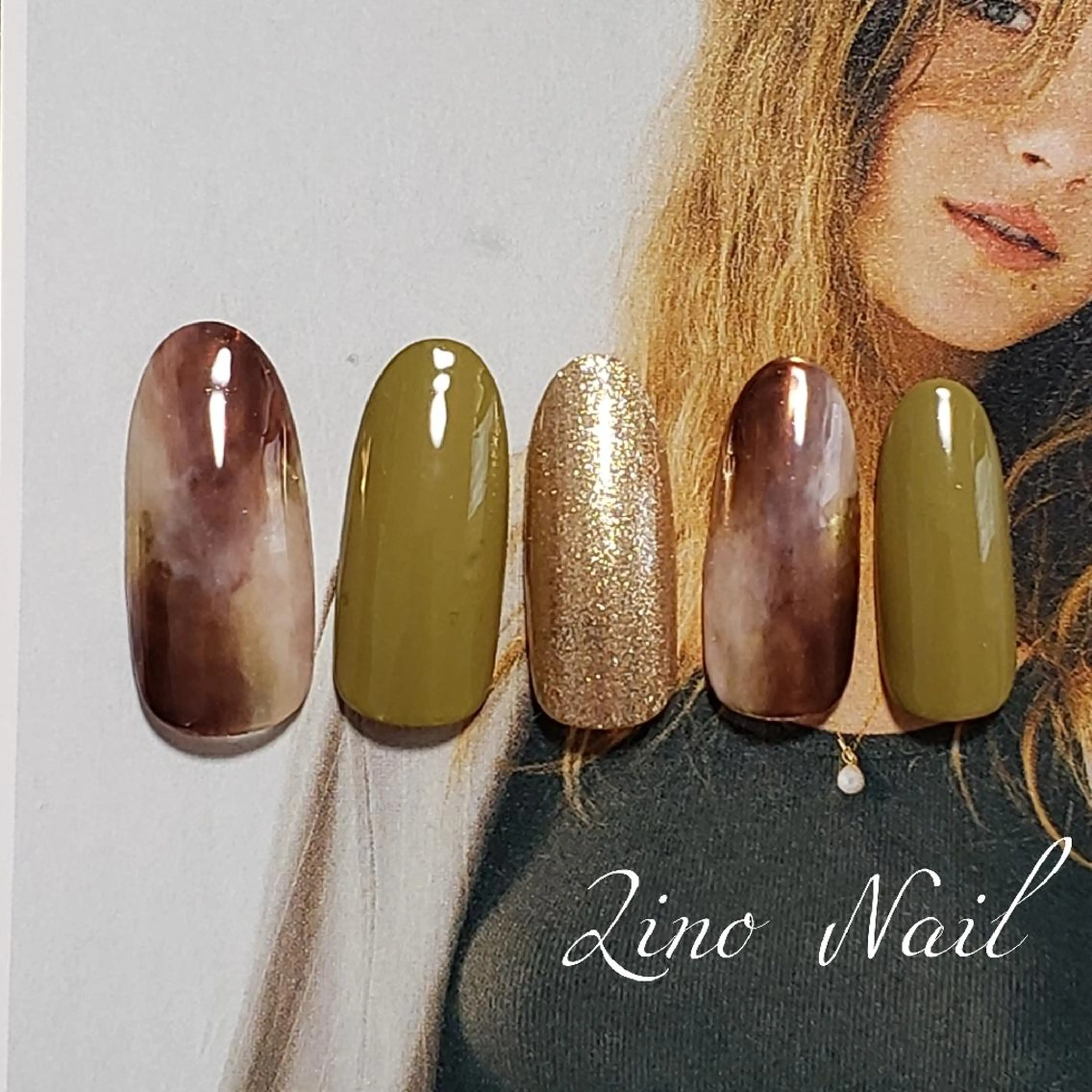 ネイル べっ甲ネイル カジュアル ジェルネイル ゴールド グリーン Lino Nailのネイルデザイン