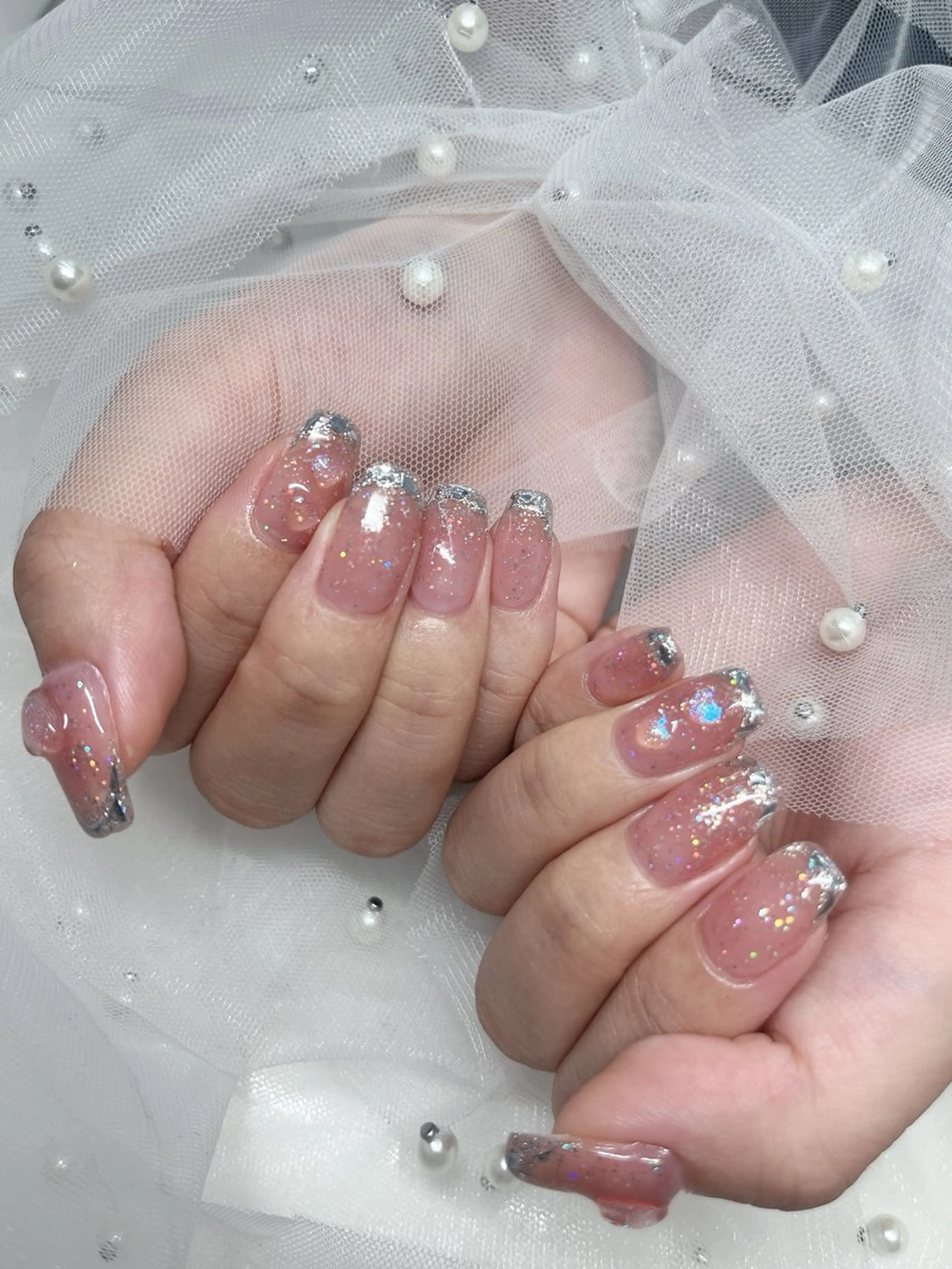 ネイル フレンチネイル ガラスフレンチ キラキラネイル ピンク ✨原宿✨nail 🎀KOMOMO🎀のネイルデザイン