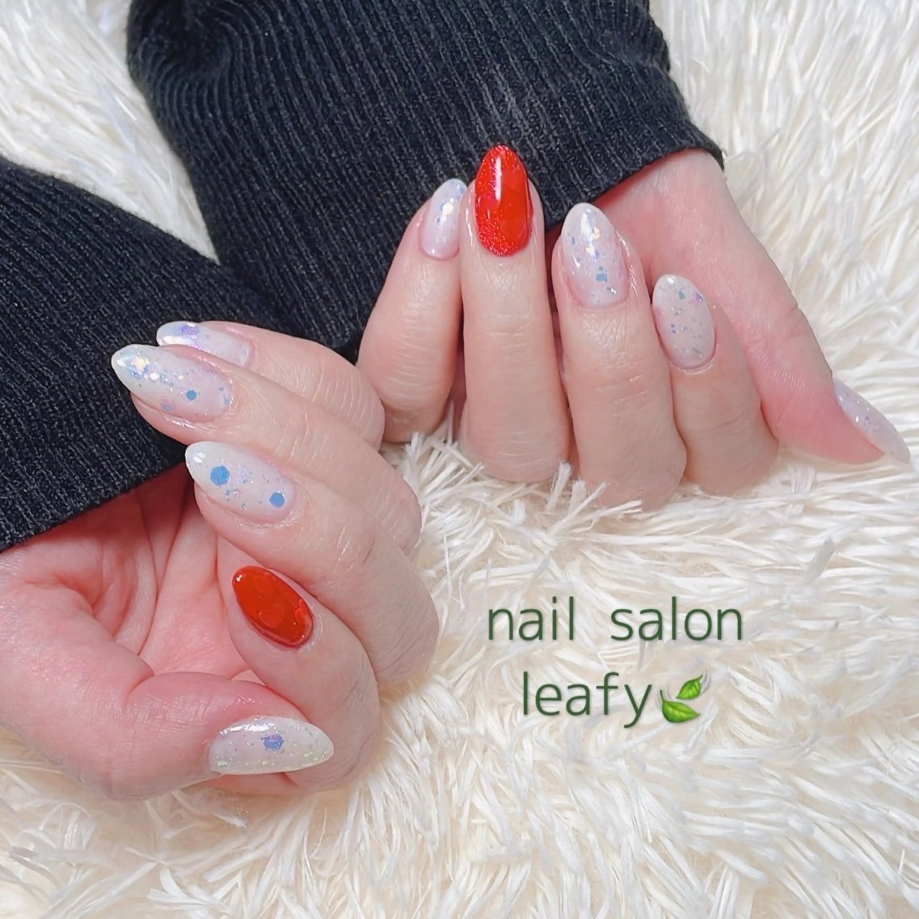 ネイル ハート 赤色 冬ネイル ネイルサロン leafyのネイルデザイン