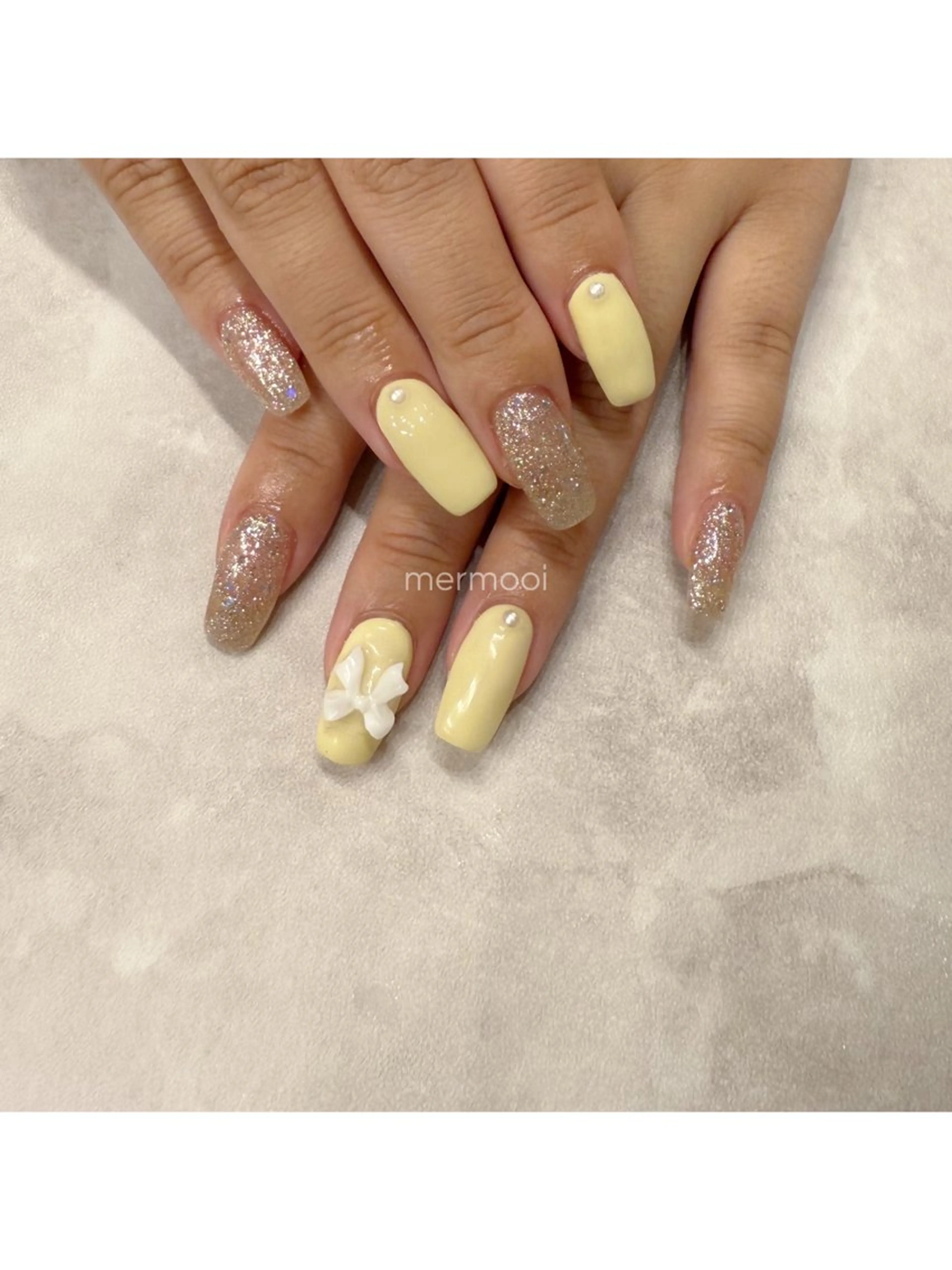 ネイル ロングネイル リボン シンプルネイル ハンドネイル mermooi所属・melumooi nailのネイルデザイン