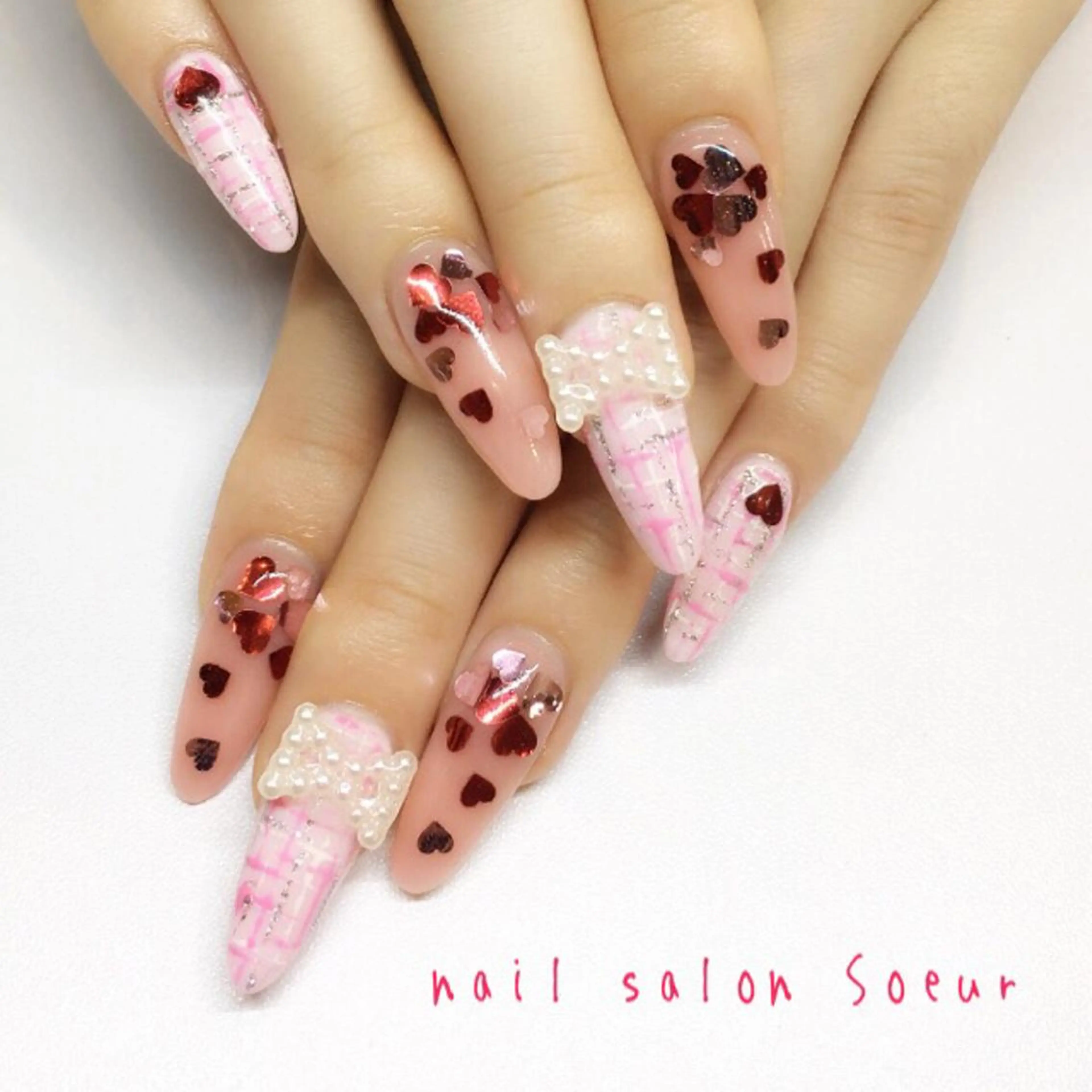 ネイル 持ち込み リボン スカルプネイル バレンタイン ハンドネイル nail salon Soeurのネイルデザイン