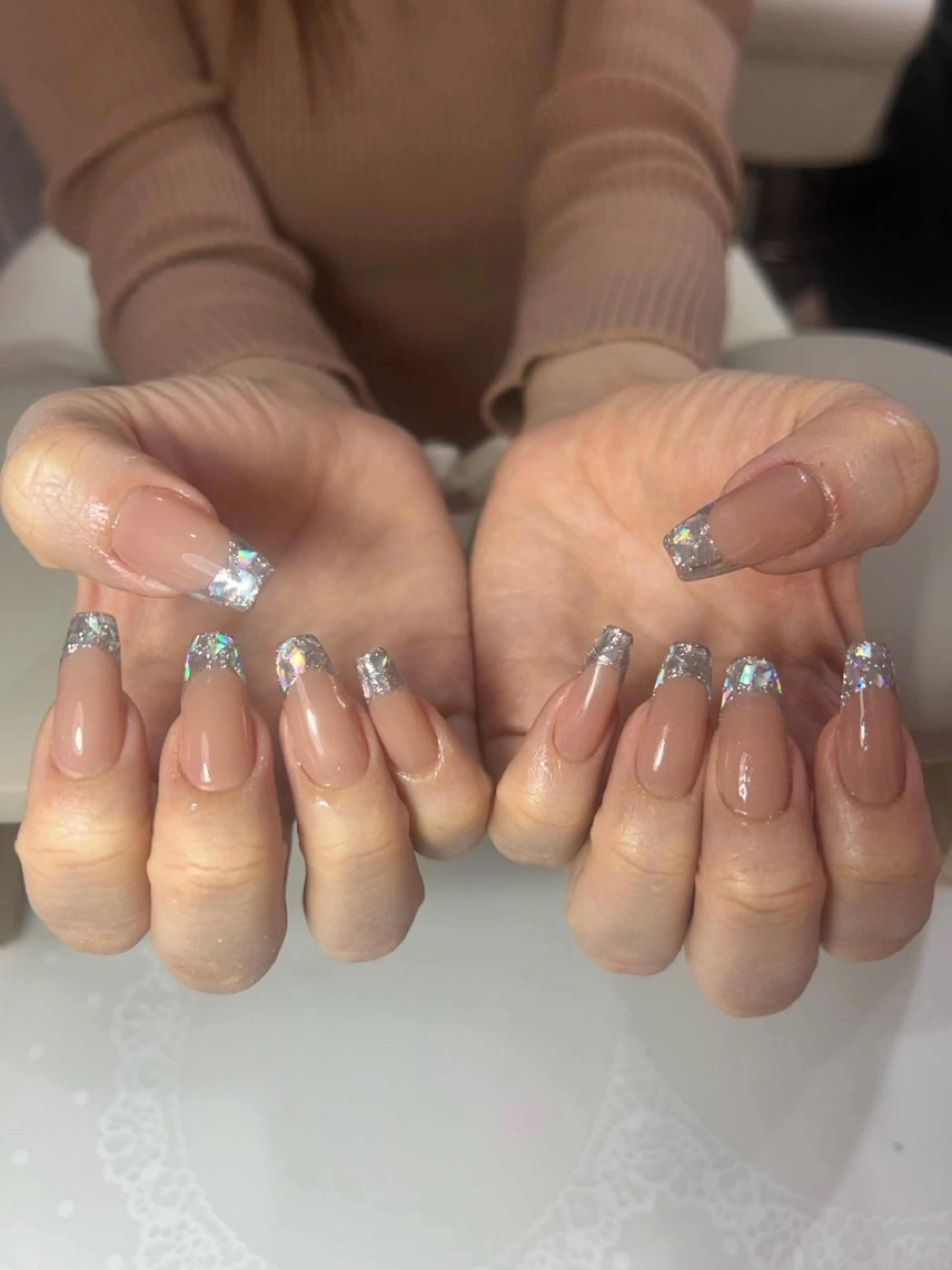 ネイル フレンチネイル ガラスフレンチ ネイルチップ ハンドネイル りぼんRe:born 🎀のネイルデザイン