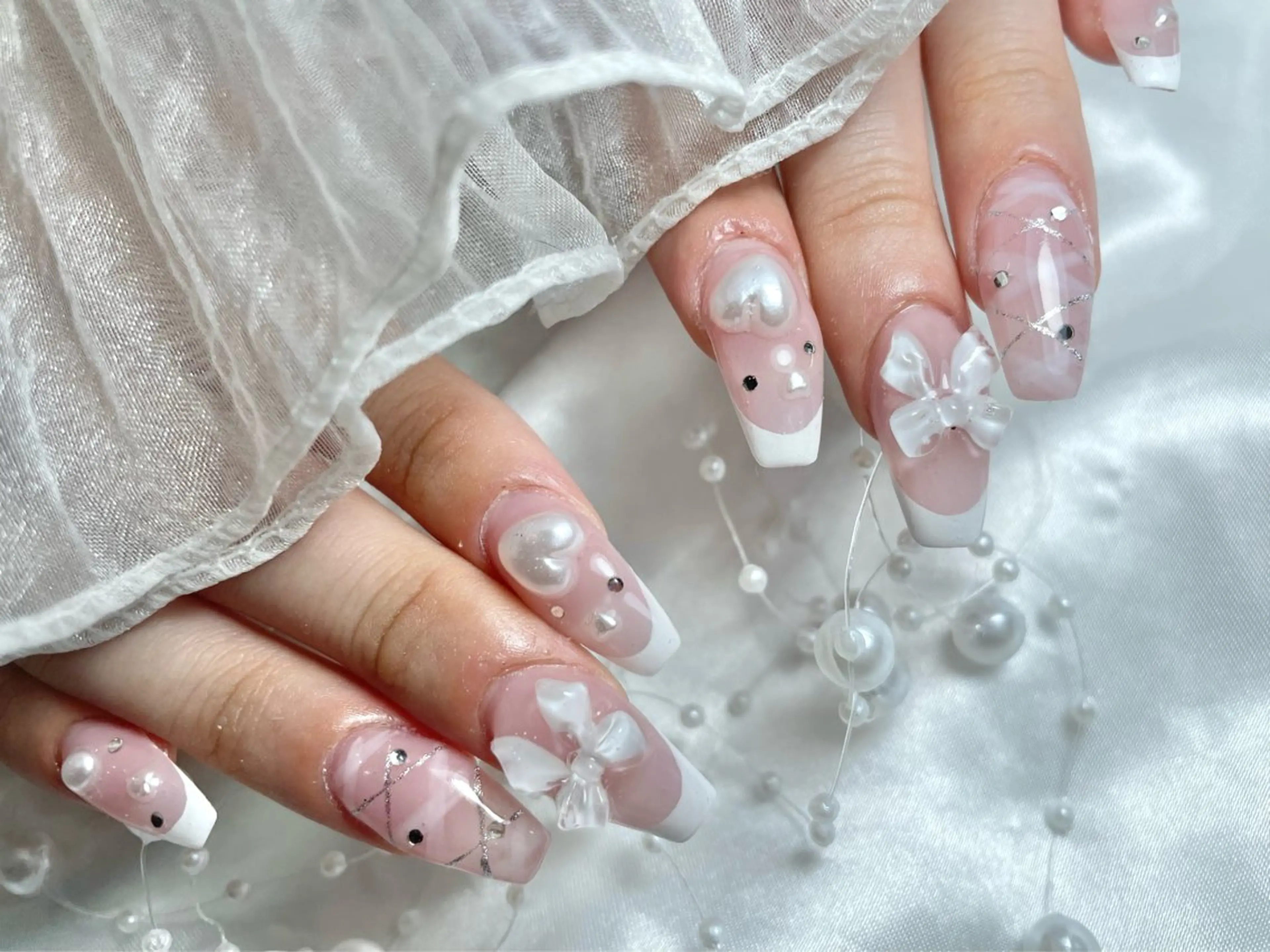 ネイル フレンチネイル ハート リボン ワンホンネイル ハンドネイル ゆりか ジョアアンジェ福島のネイルデザイン