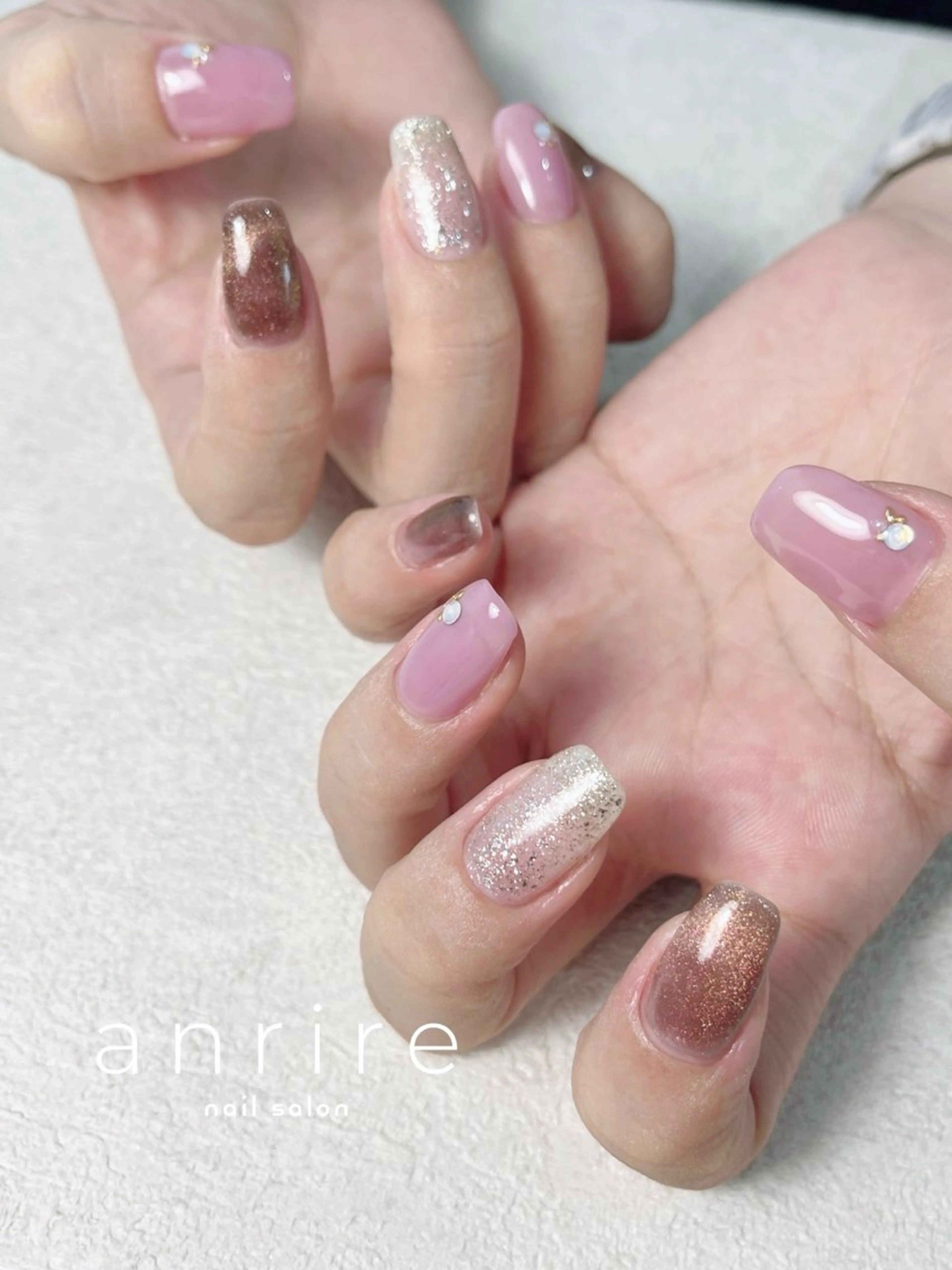 ネイル ブラウン ジェルネイル キラキラネイル ラメ(グリッター) マグネットネイル ハンドネイル nailsalon anrireのネイルデザイン
