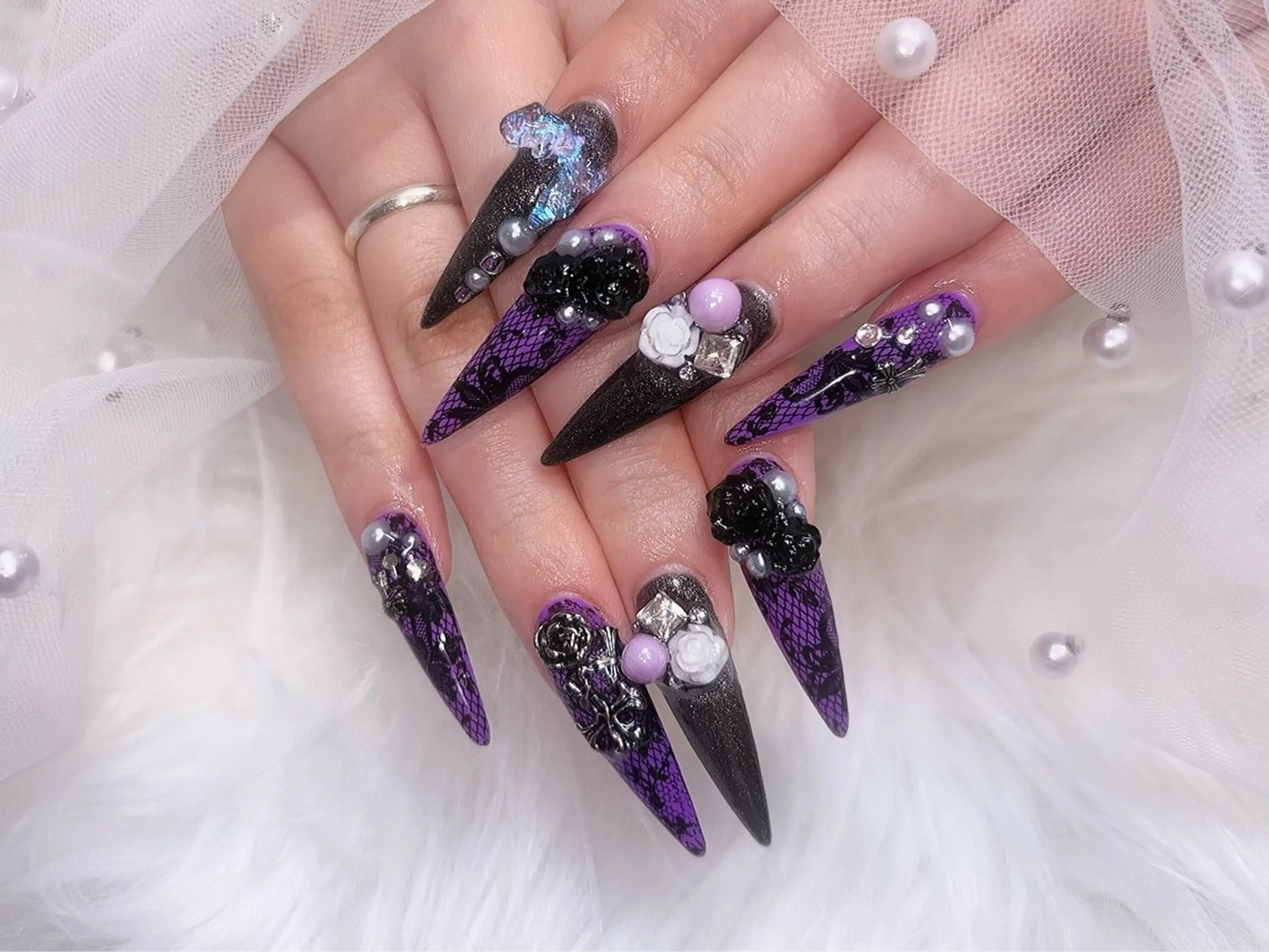 ネイル レース ロングネイル Y. 🍒maki🍒ྀིのネイルデザイン