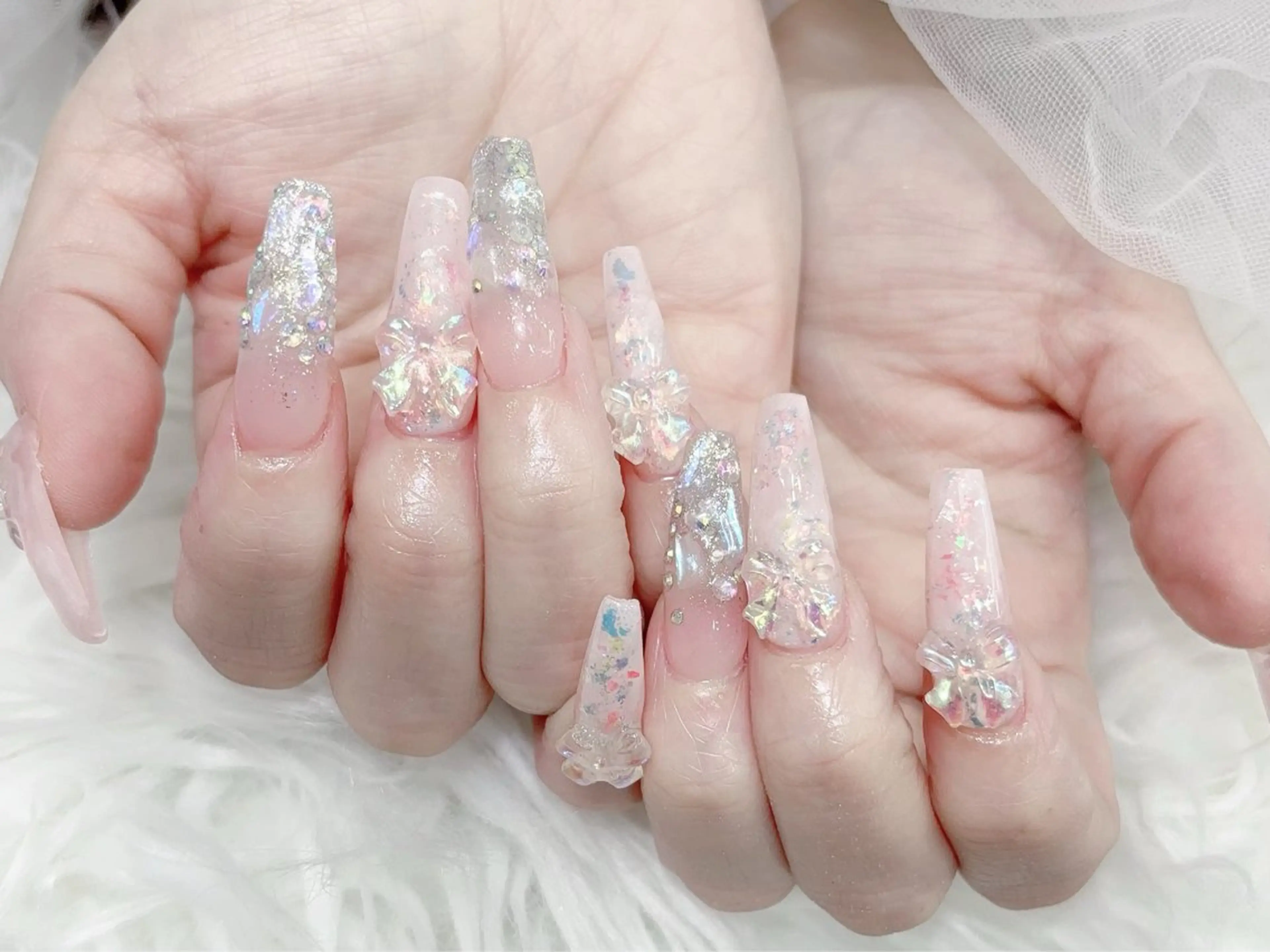 ネイル 成人式 大理石ネイル(マーブル) リボン 夏ネイル ネイルチップ ハンドネイル MoMoA Nail ネイル長さ出し専門店のネイルデザイン