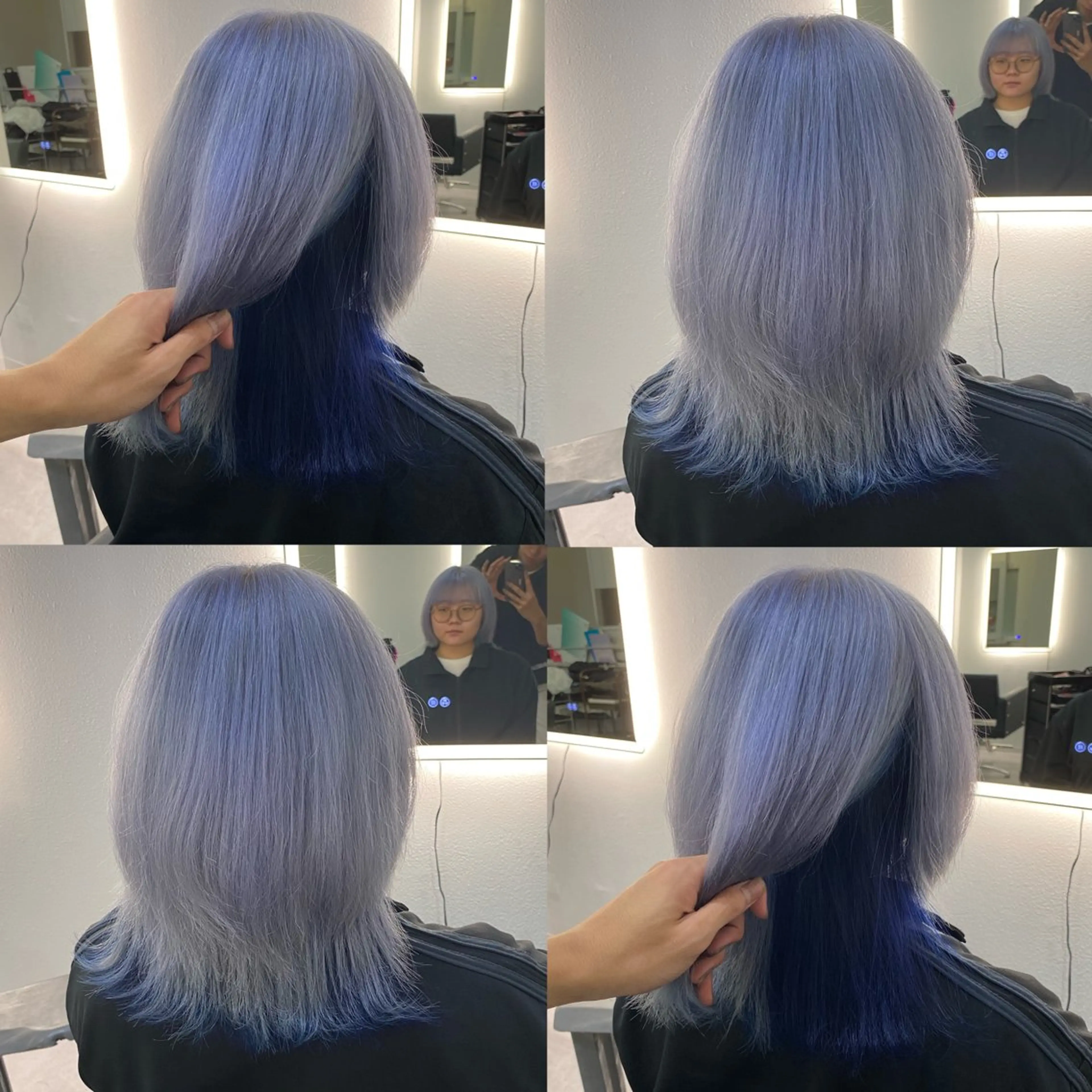 ミディアム カラー ブルーカラー インナーカラー ネイビーカラー シルバー ヘアカラー 大阪ケアブリーチ/ ミルクティーベージュのヘアスタイル