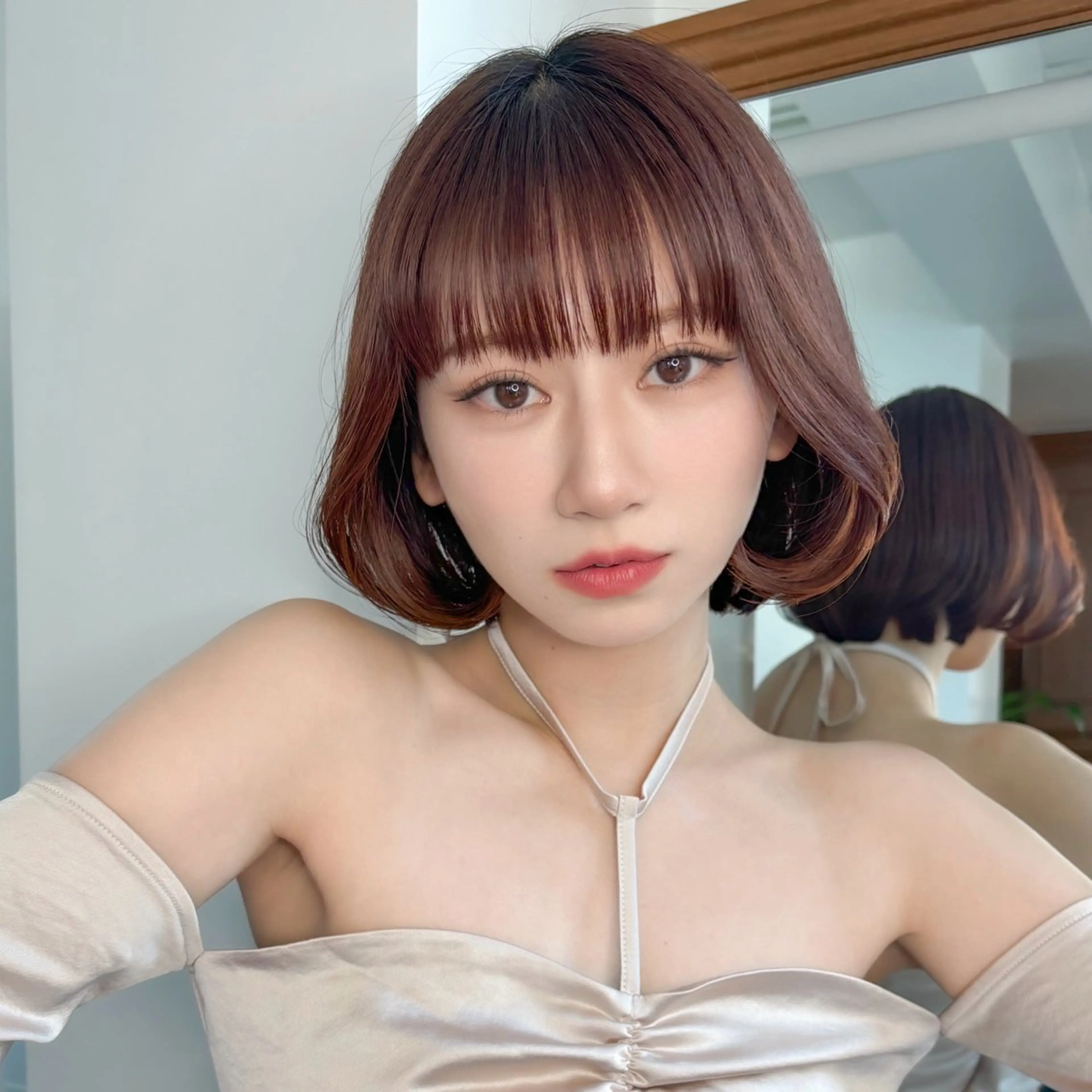 ミディアム ミディアムパーマ ピンクブラウン ボブ 顔周りカット 髪質改善 原宿/韓国レイヤー ボブ/顔周りYasuのヘアスタイル