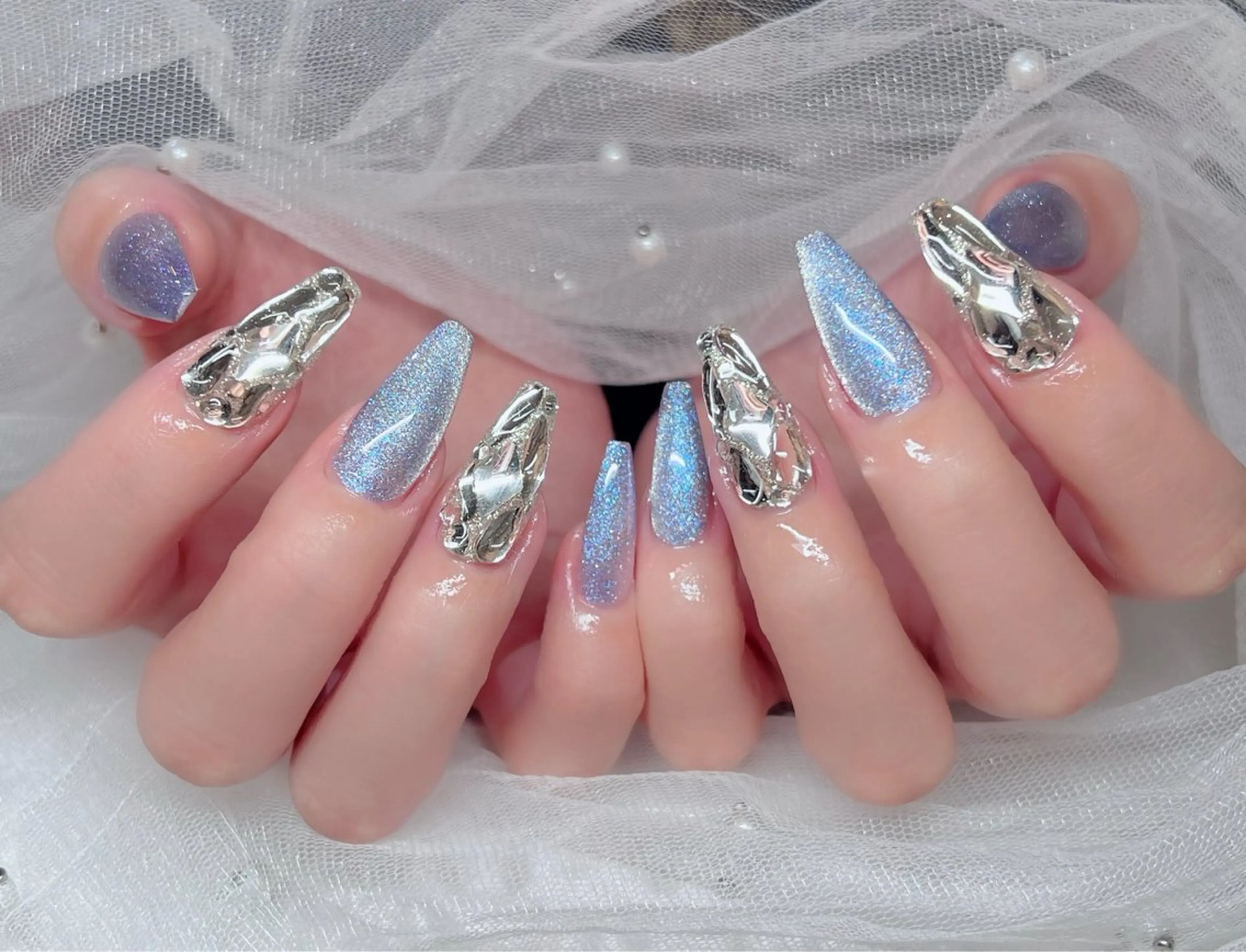 ネイル ハンドネイル 🎀PG🩵 ネイルサロンのネイルデザイン