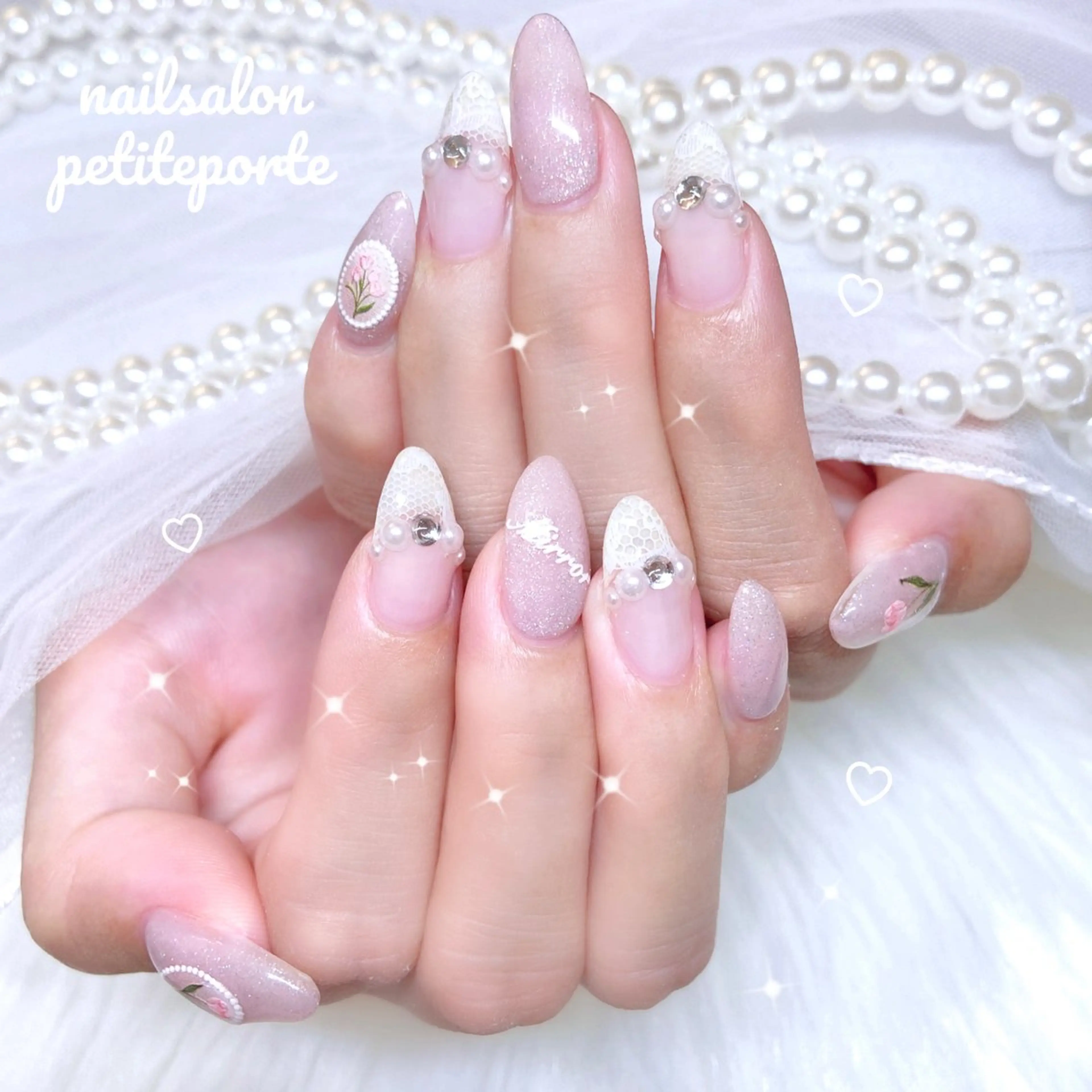 ネイル フラワーネイル フレンチネイル ガーリー 韓国ネイル レース ハンドネイル petite porteのネイルデザイン