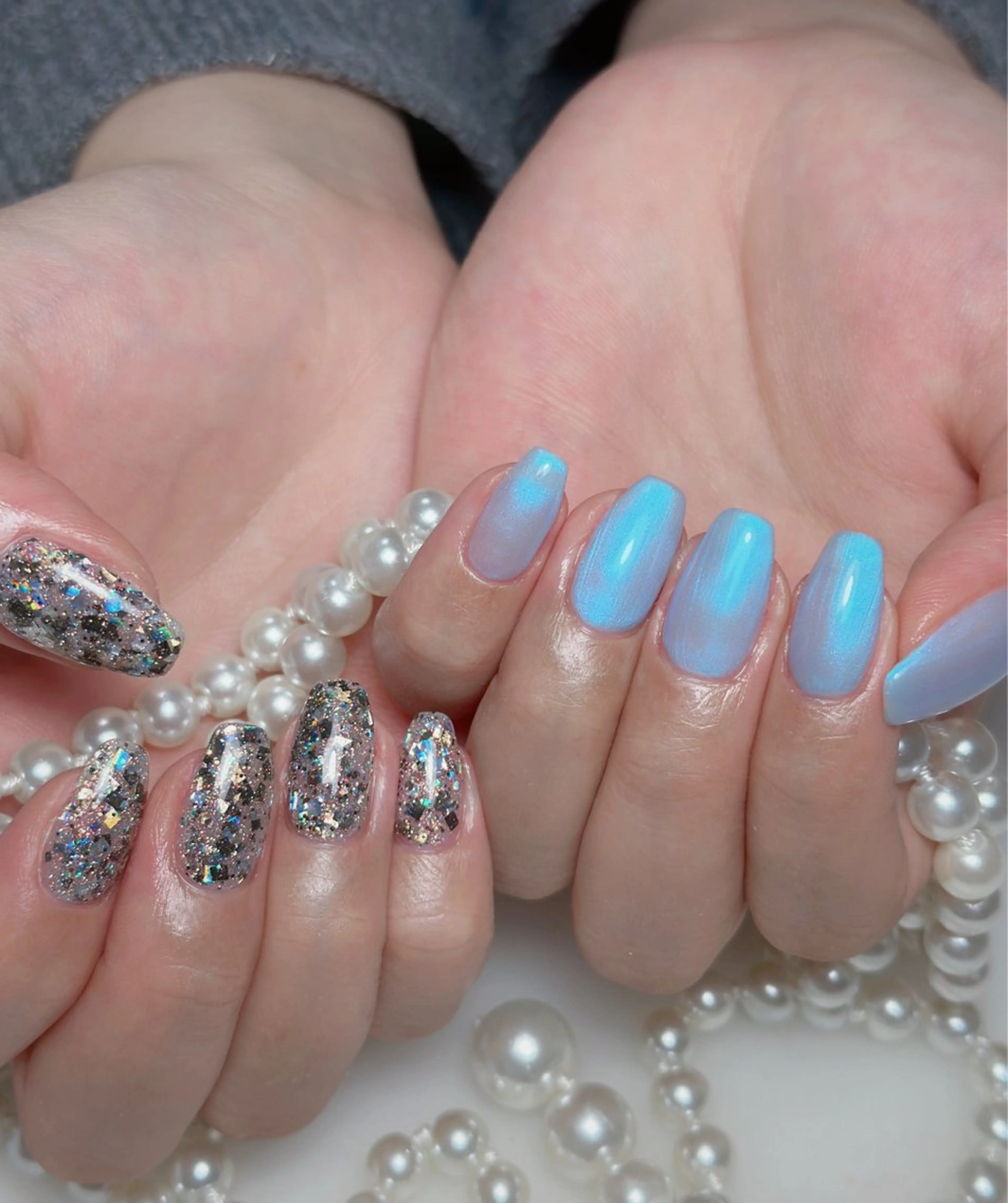 ネイル オーロラネイル 長さ出し フットネイル 韓国ネイル ラメ(グリッター) 👍thumbs up nail👍のネイルデザイン