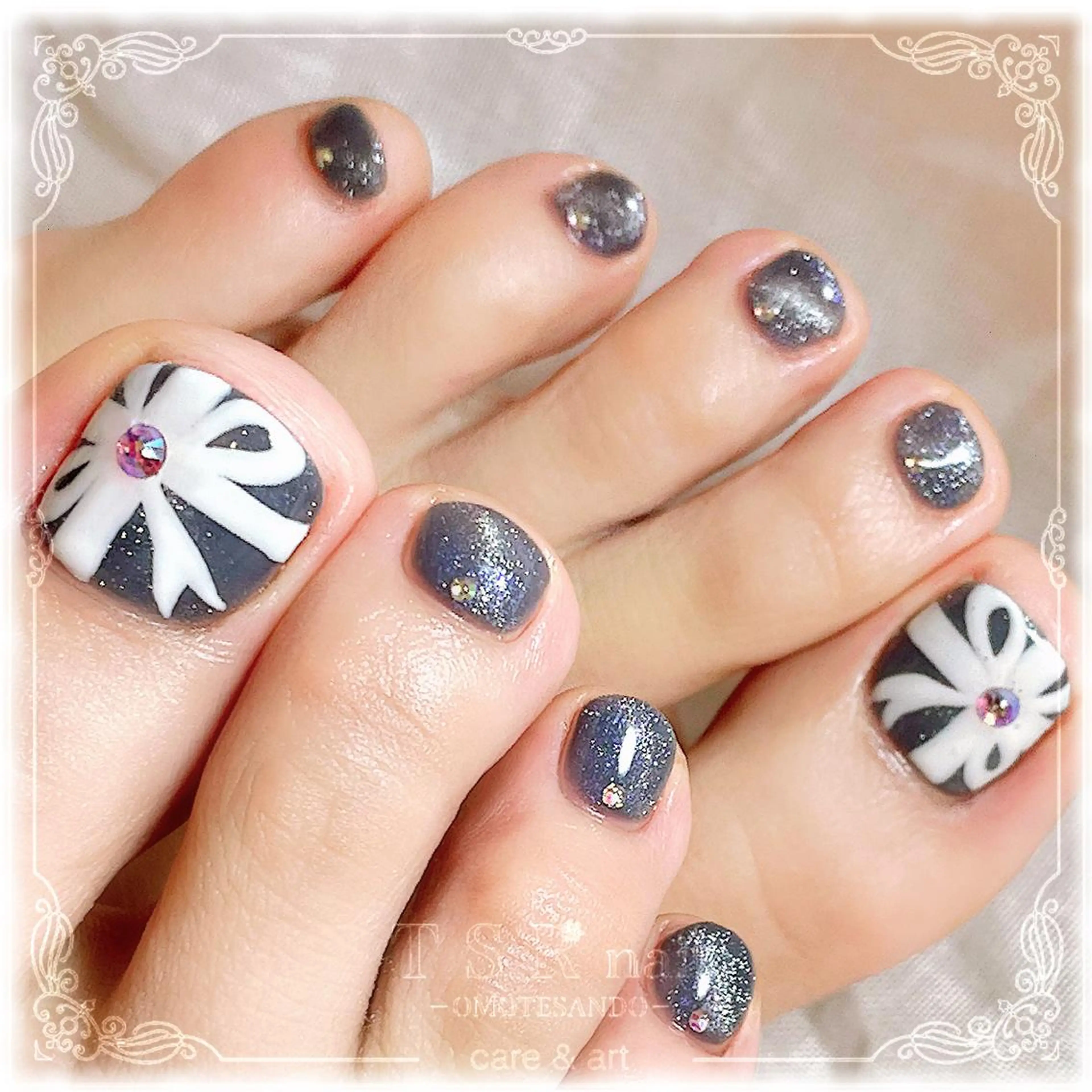 ネイル クリアネイル フットネイル ニュアンスネイル パープル リボン 爪咲 りり花のネイルデザイン