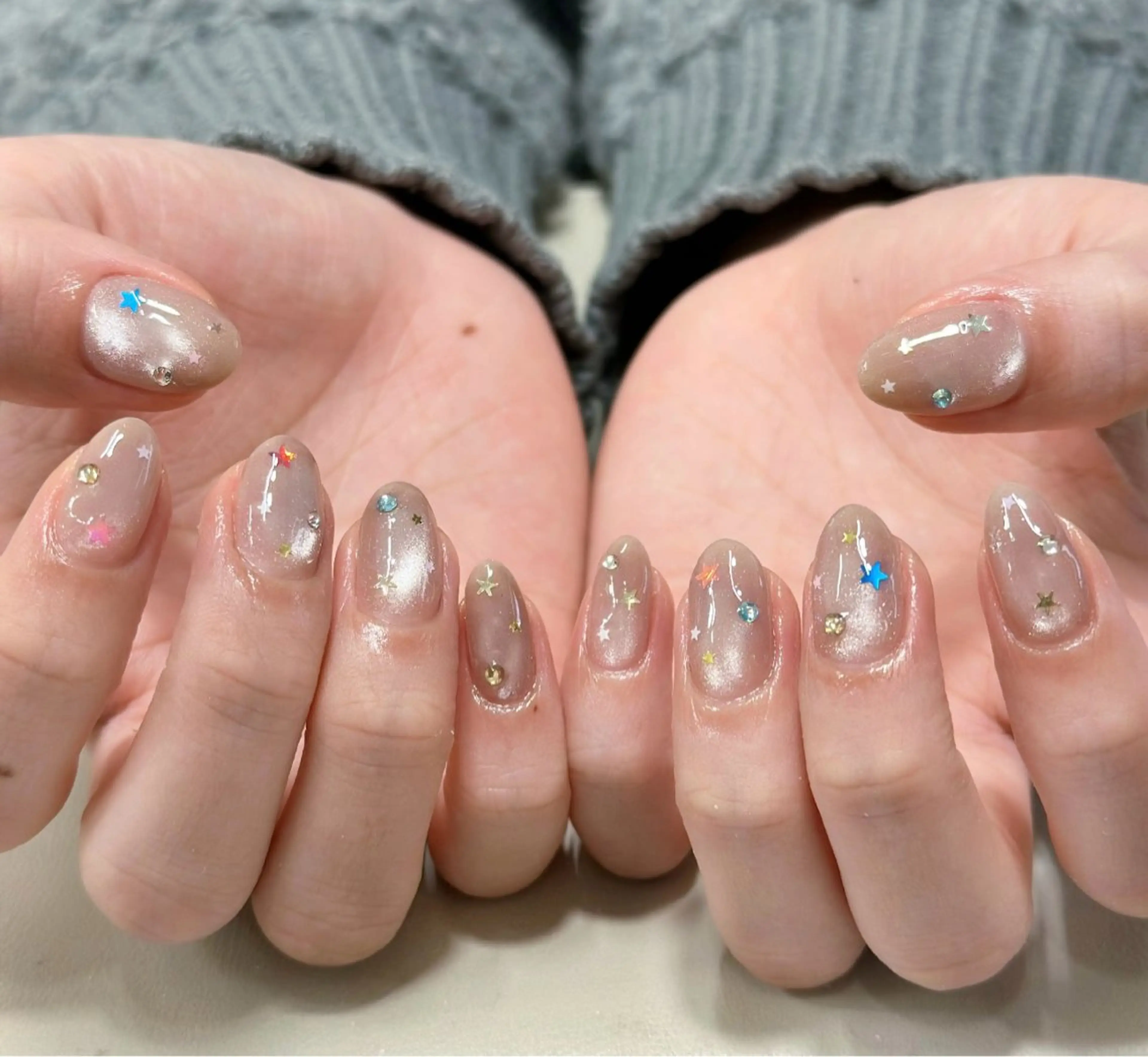 ネイル オーロラネイル ブルー チークネイル 長さ出し フットネイル ハンドネイル JIN 168 新大久保のネイルデザイン