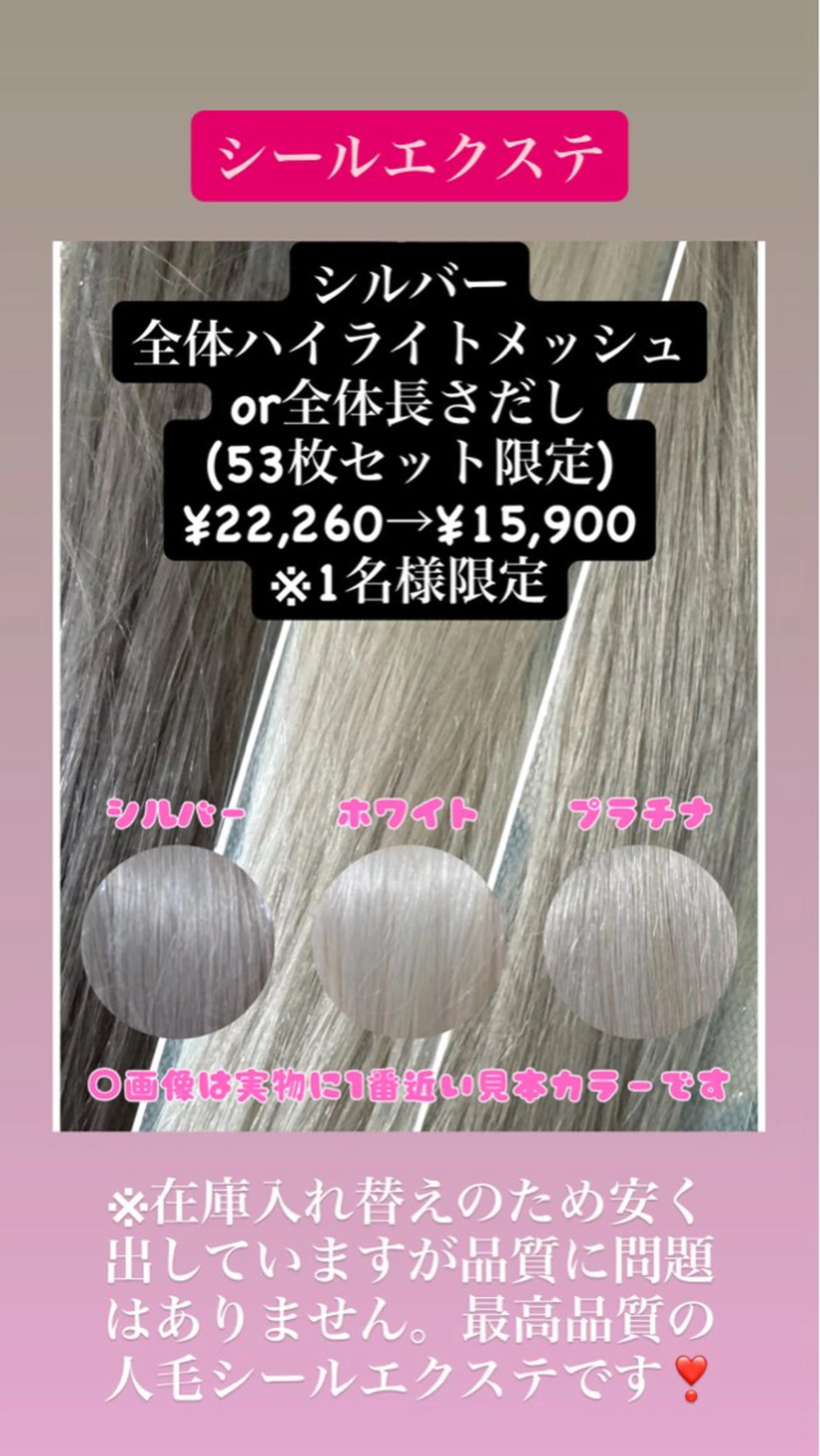全体メッシュ高品質人毛シールエクステシルバー53枚1名様限定通常22260→15900(1枚300)の写真