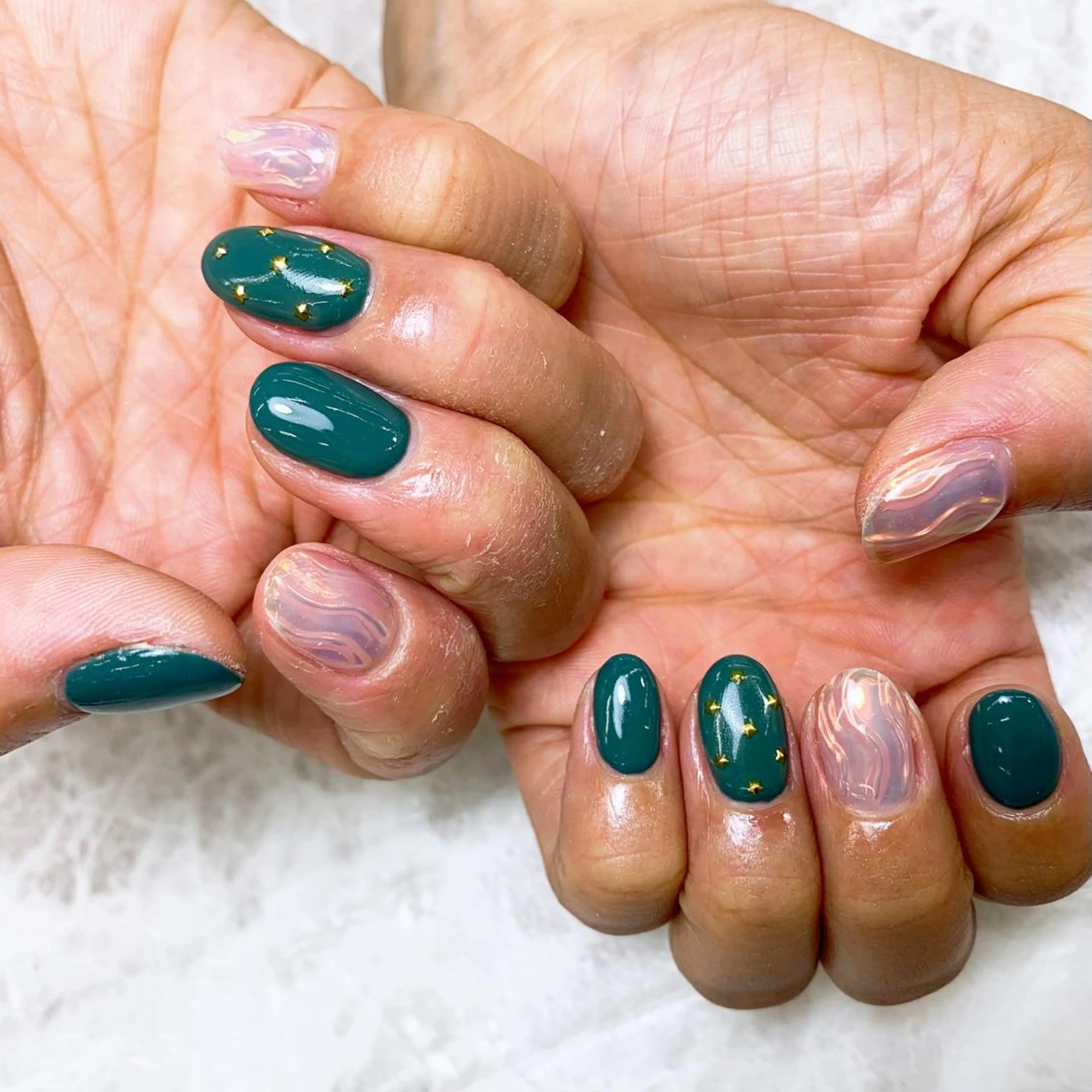 ネイル ブルー クリアネイル グリーン ミラーネイル ⭐︎休業中の練習⭐︎ JNA認定講師髙橋のネイルデザイン