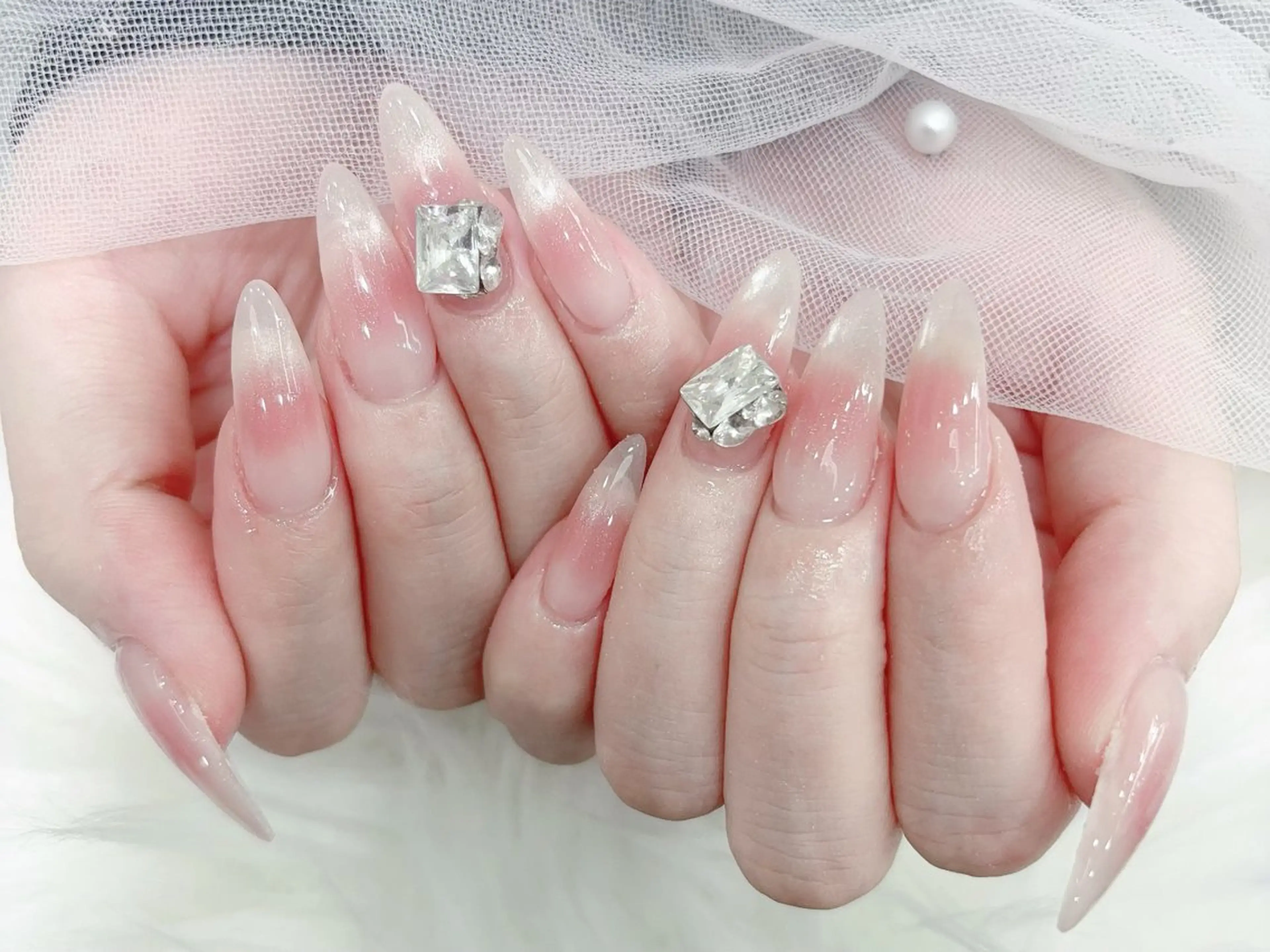 ネイル 成人式 大理石ネイル(マーブル) リボン 夏ネイル ネイルチップ ハンドネイル MoMoA Nail ネイル長さ出し専門店のネイルデザイン