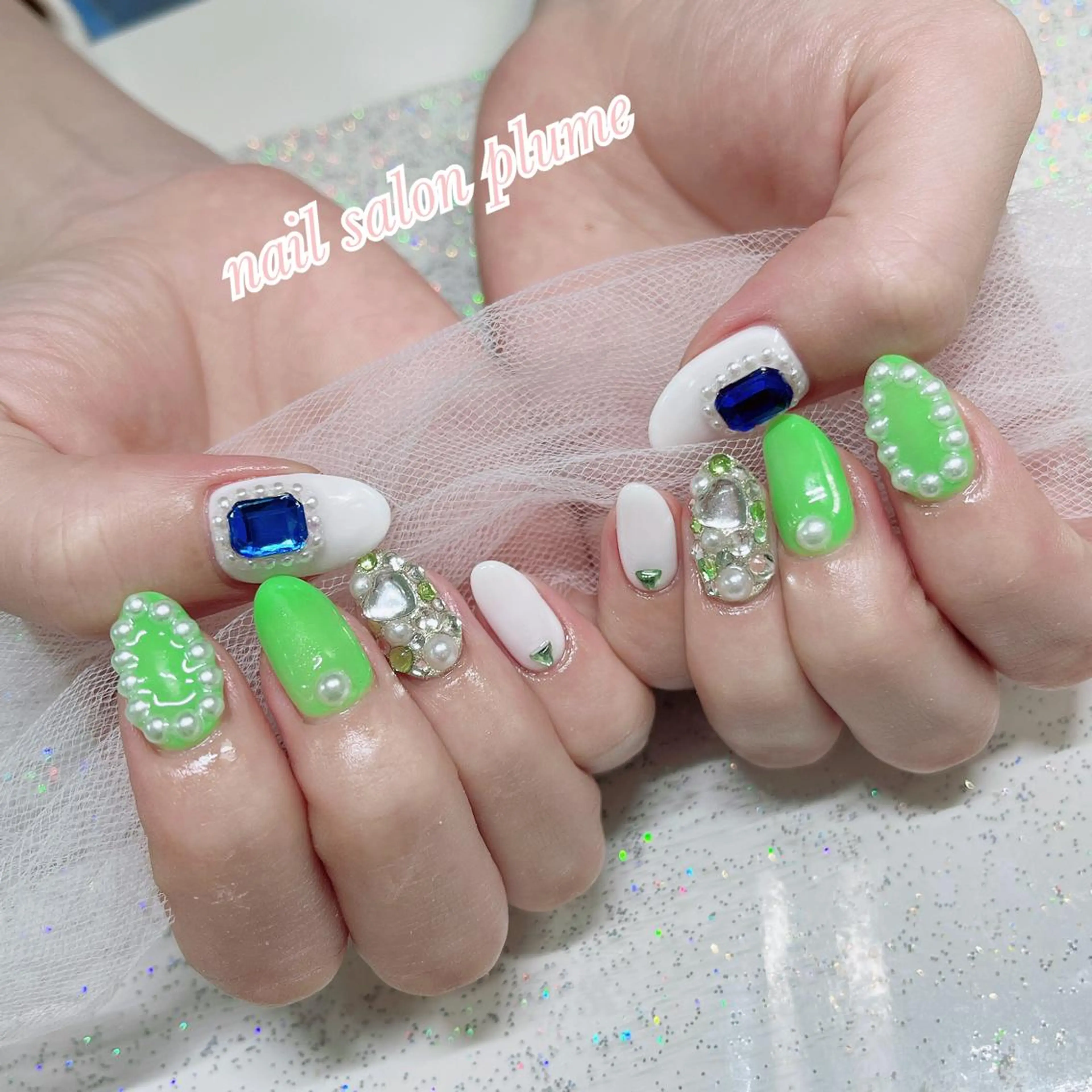 ネイル アートネイル グリーン ハート キラキラネイル 韓国ネイル ハンドネイル plume nail ☆韓国ネイルのネイルデザイン