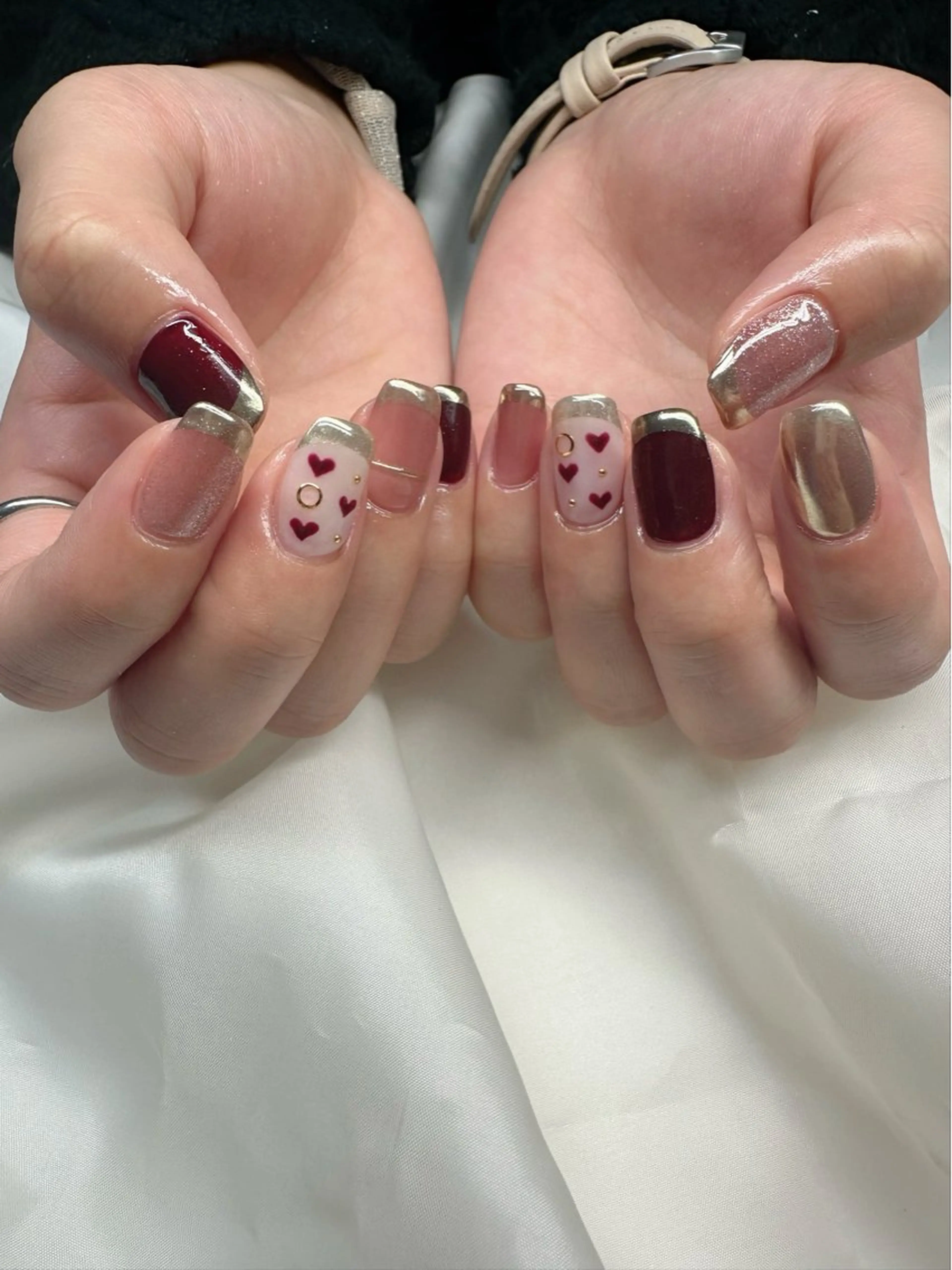 ネイル ボルドー フレンチネイル ハート 氷ネイル・うるうるネイル 韓国ネイル 🪞KAPE NAIL 🪞のネイルデザイン