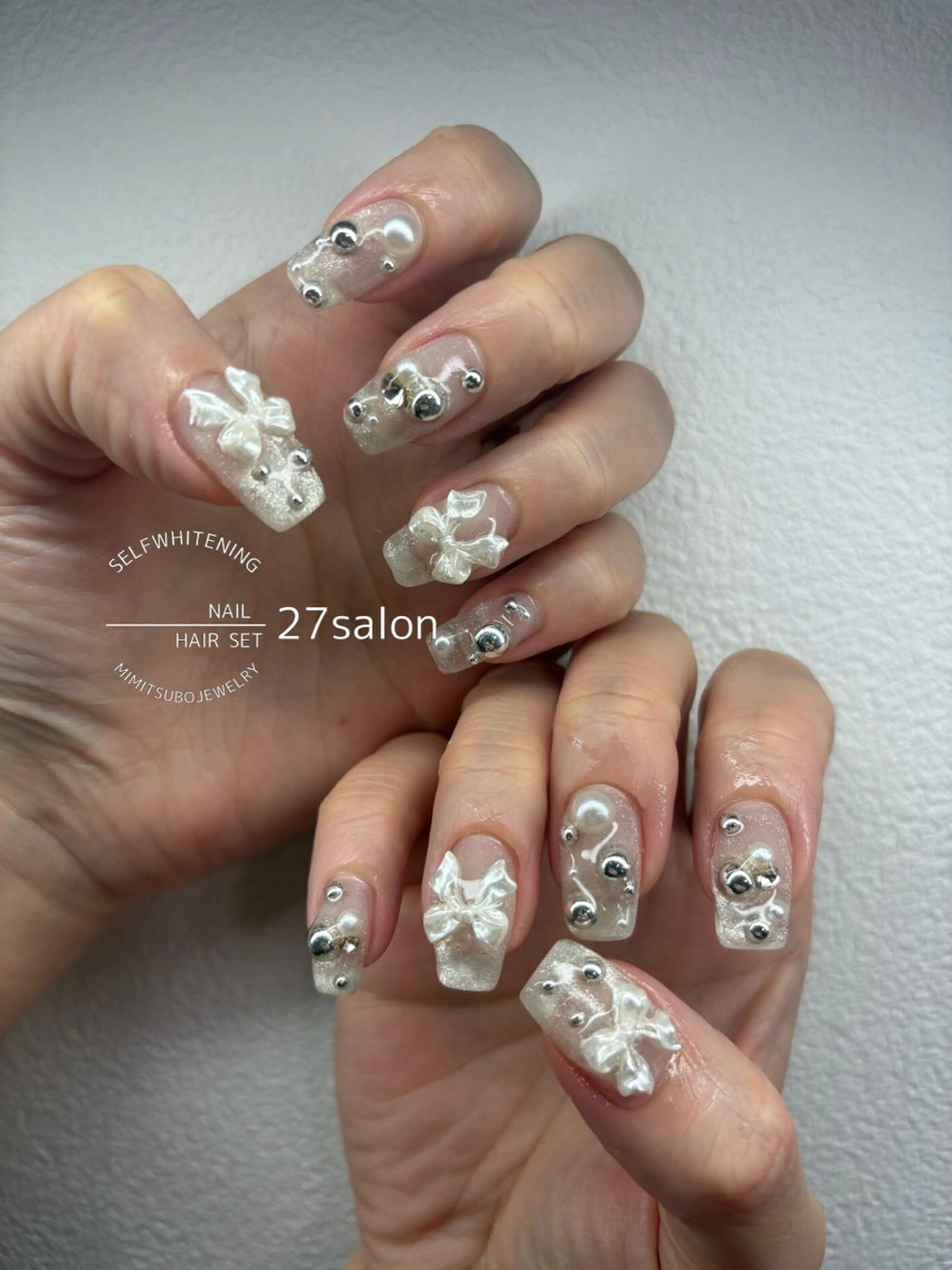 ネイル マグネットネイル リボン シルバー ハンドネイル 27salon yuinaのネイルデザイン