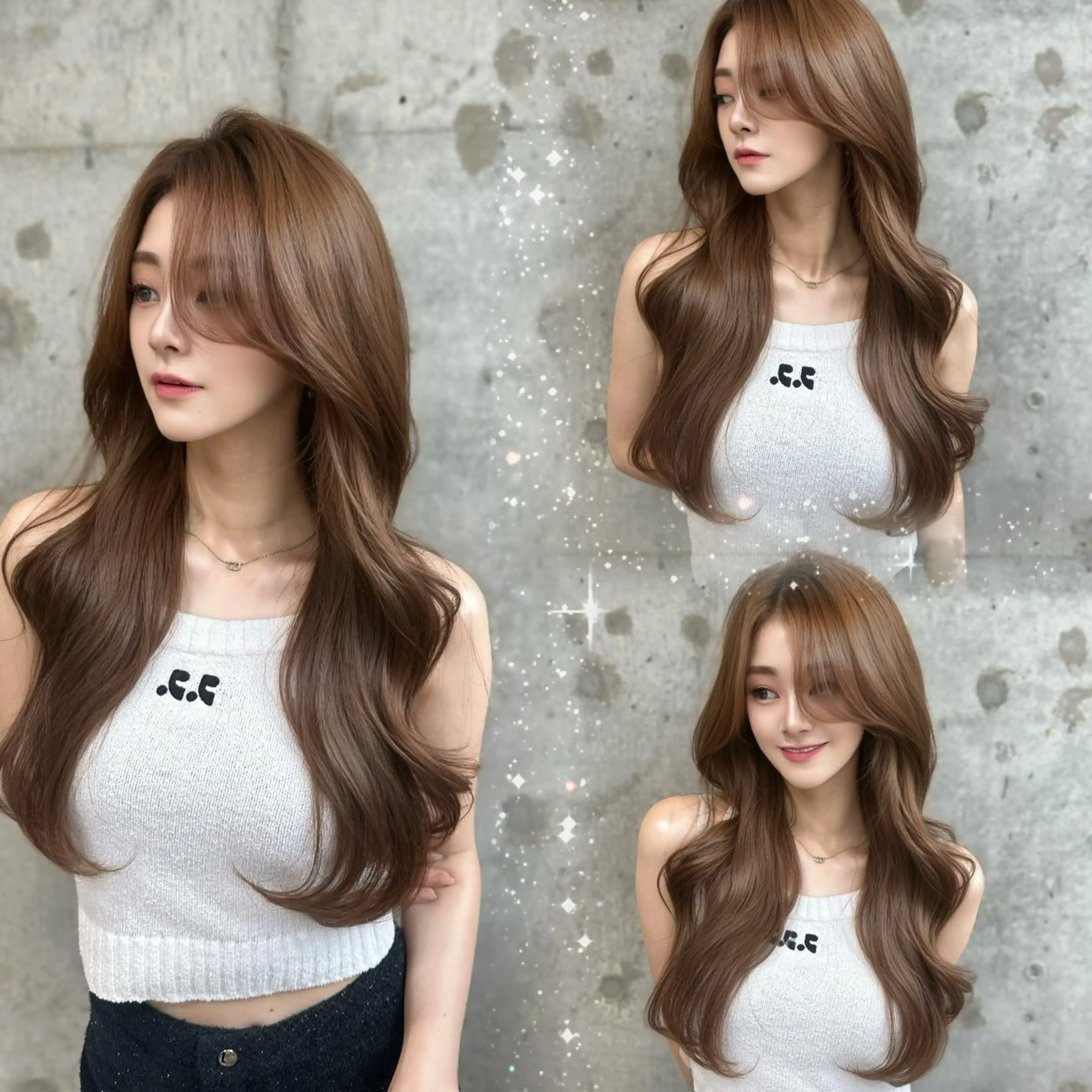 ロング カラー ベージュカラー ブリーチ ダブルカラー ミルクティーベージュ ブリーチなしカラー 髪質改善/韓国ヘア レイヤー/新宿/ロミのヘアスタイル