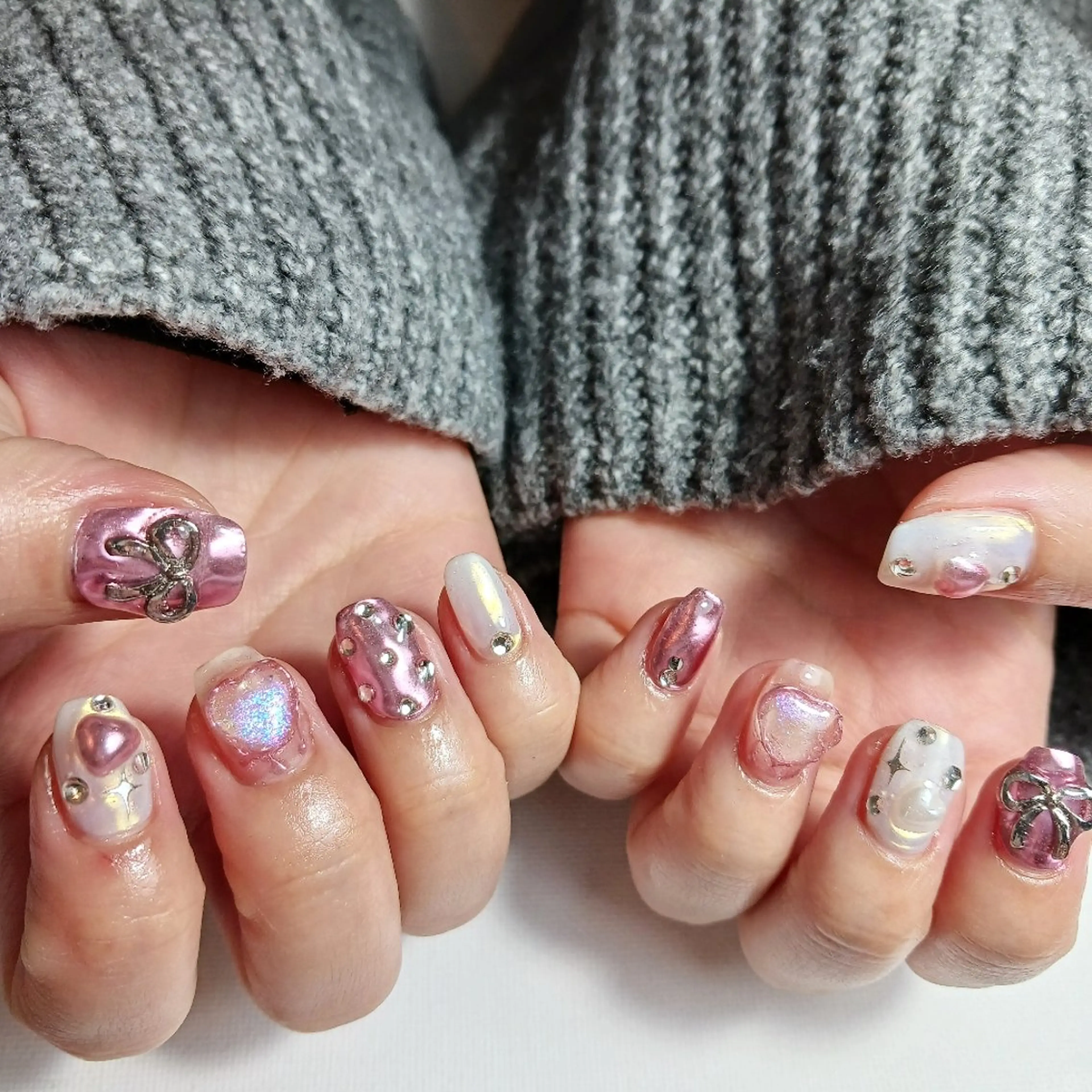 ネイル オーロラネイル ジェルネイル 持ち込み ピンク ショートネイル ハンドネイル owlnail /持込みデザイン専門のネイルデザイン