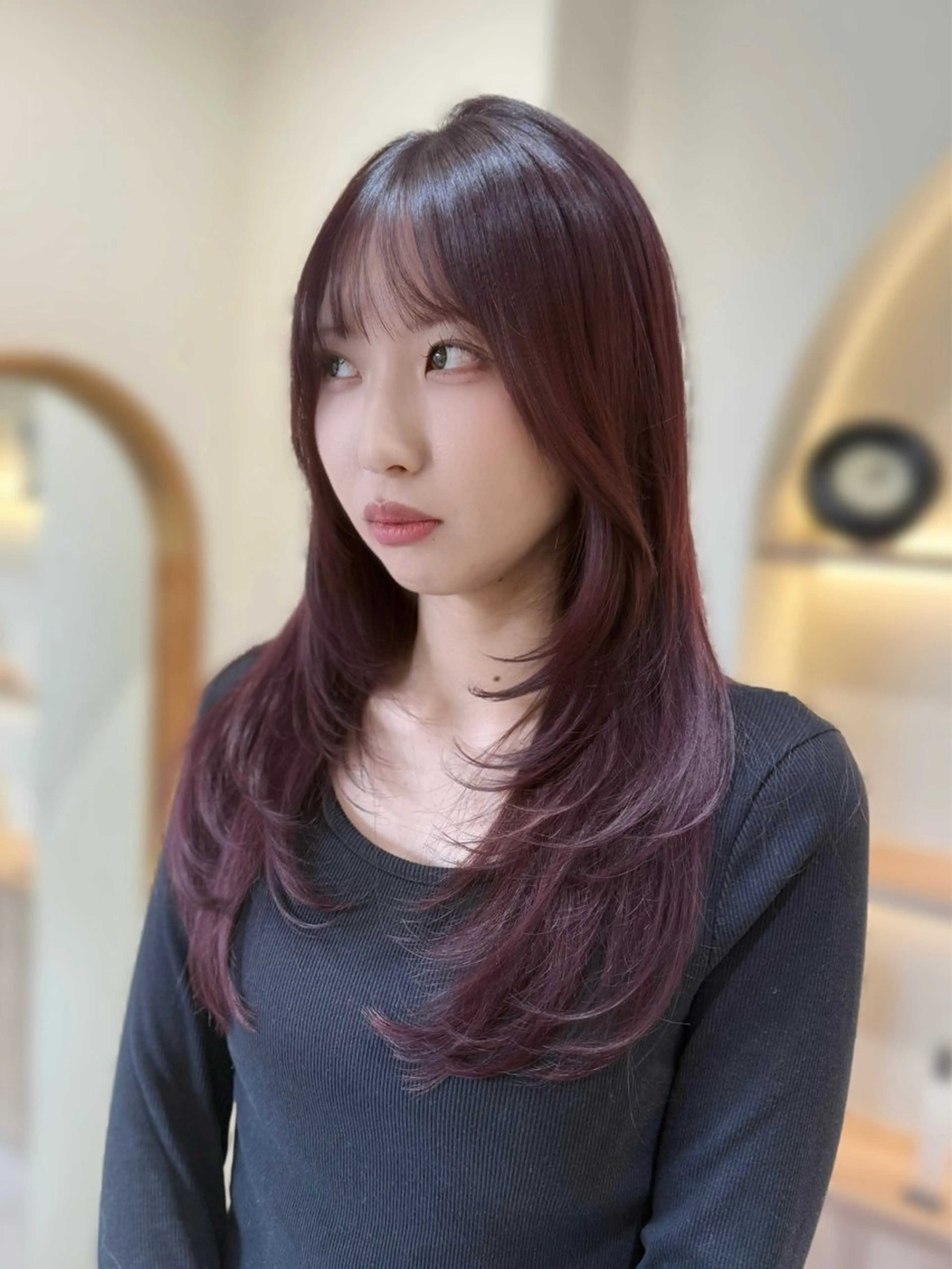 セミロング カラー ボルドーカラー ラベンダーカラー ラベンダーピンク ピンクカラー ハッシュカット カット ヘアカラー トリートメント 韓国レイヤーカット/ 顔周りカットtamaのヘアスタイル