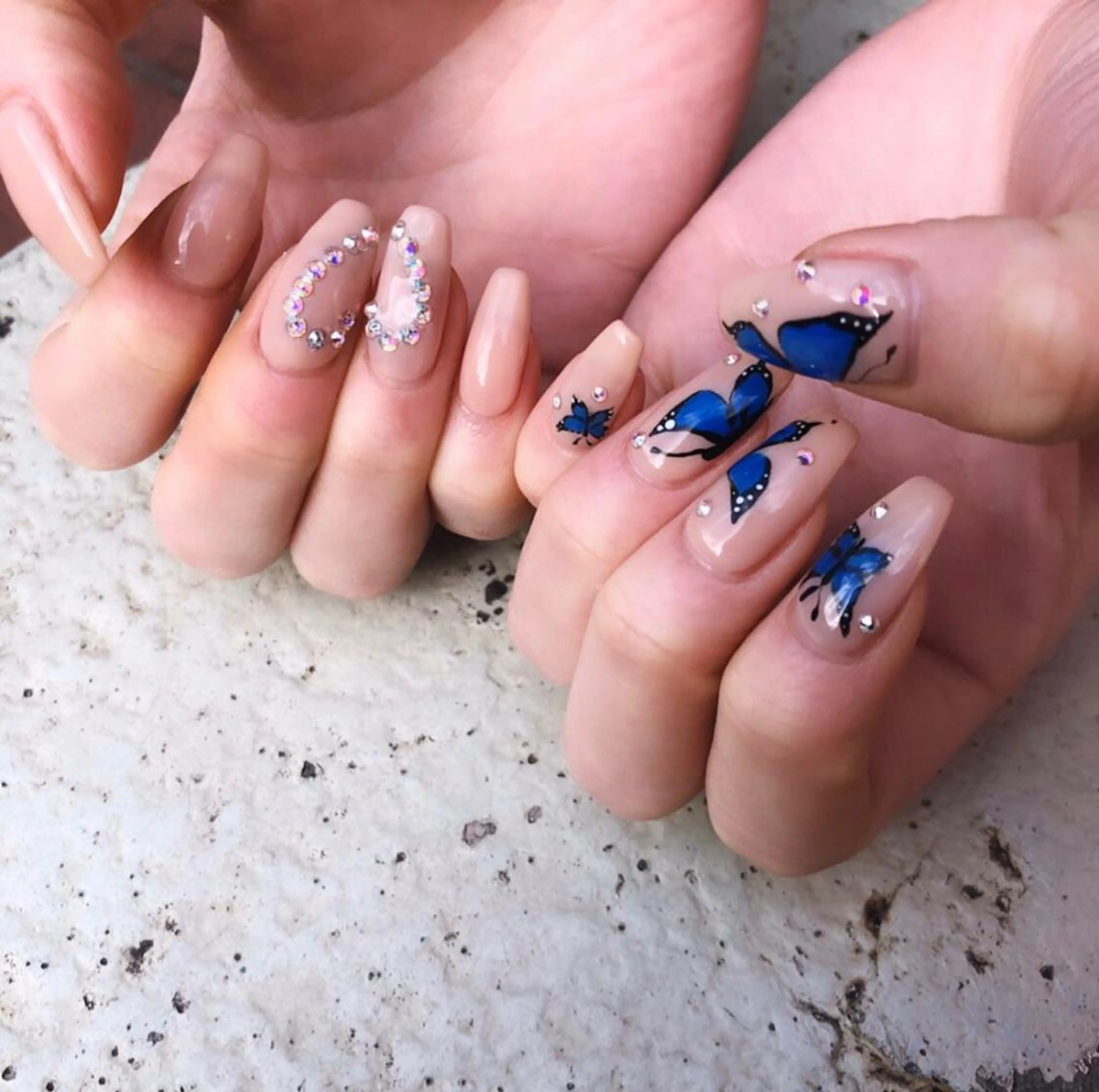 ロング ネイル オーロラネイル ブルー ハート ストーンネイル nail 1997のネイルデザイン