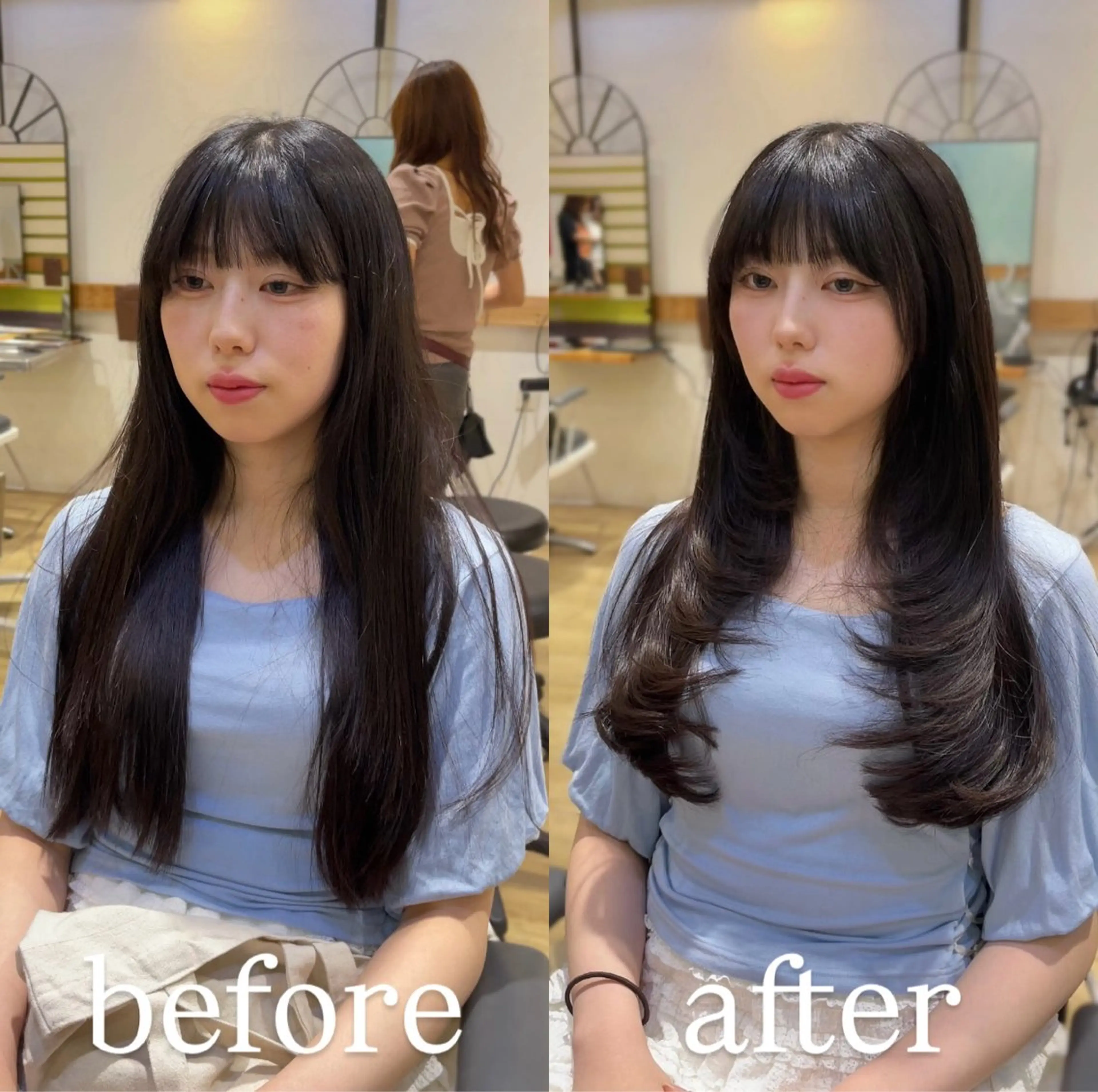 ロング 顔まわりレイヤー レイヤーカット ロング 小顔カット カット ヘアカラー トリートメント ヘッドスパ 大人可愛い透明感🌟 小顔・韓国髪🌟野中のヘアスタイル