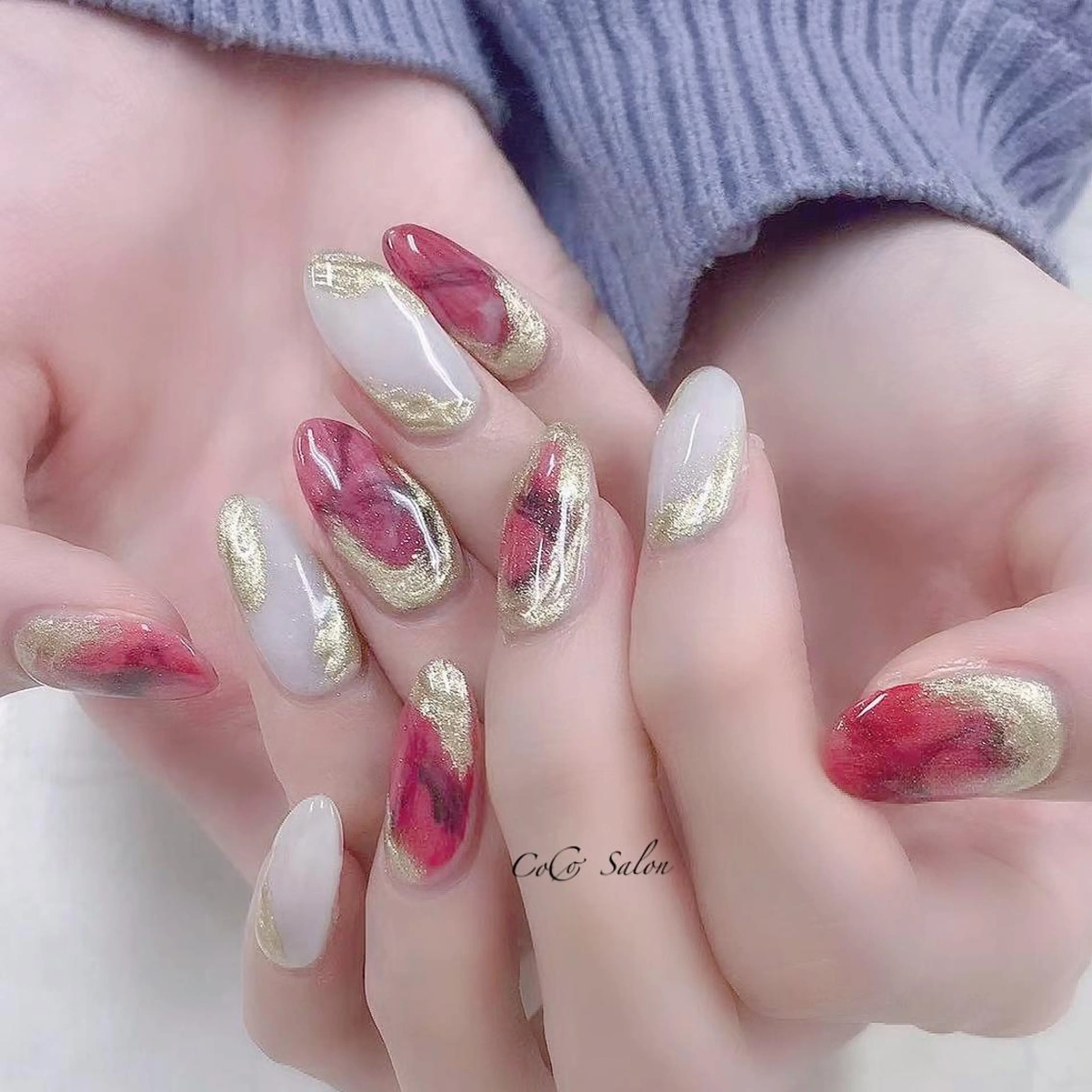 ネイル ボルドー 長さ出し ジェルネイル 大理石ネイル(マーブル) ミラーネイル ハンドネイル CoCoSalon ネイル/まつ毛予約のネイルデザイン