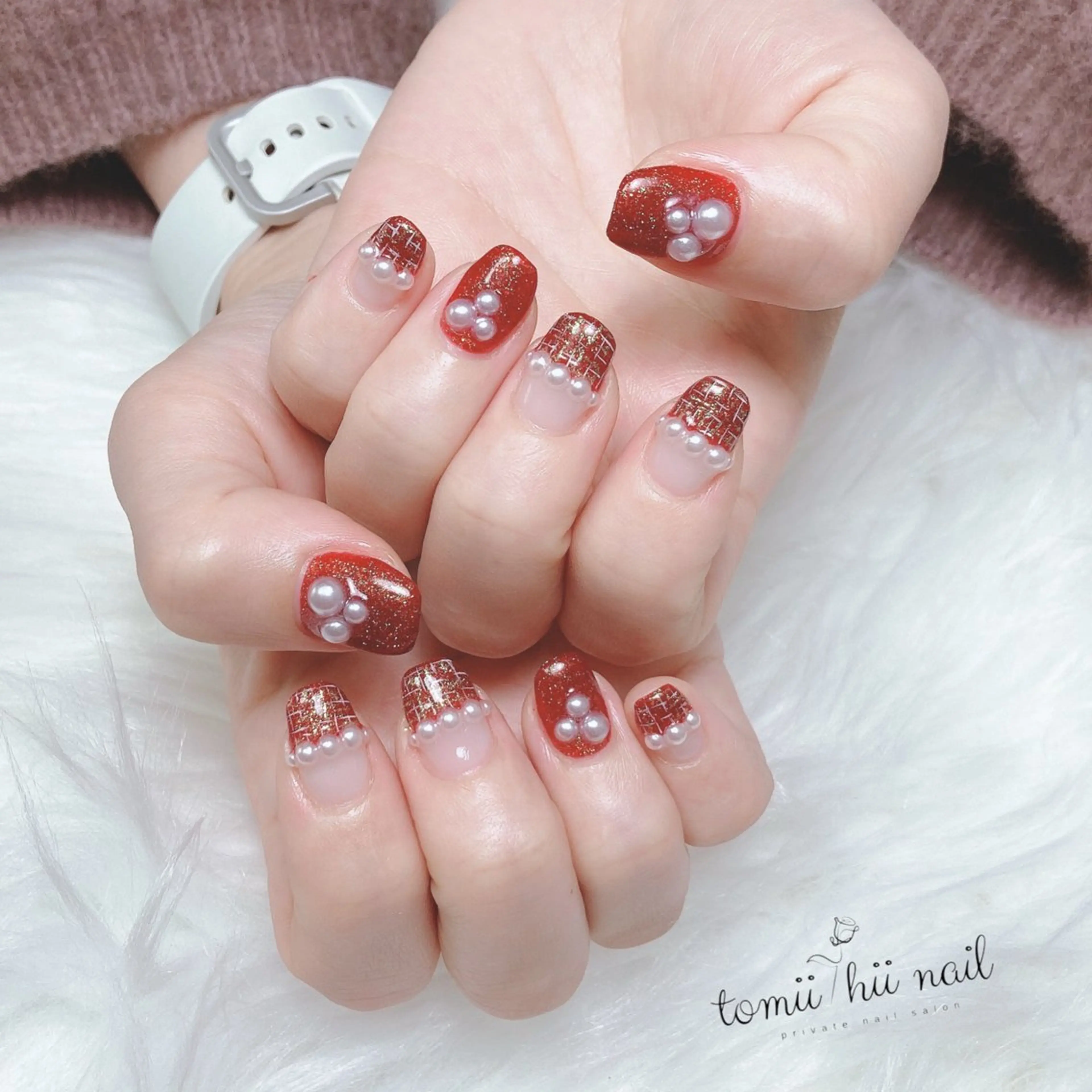ネイル フラッシュネイル 赤色 ツイードネイル ハンドネイル tomii-hii -nailのその他イメージ