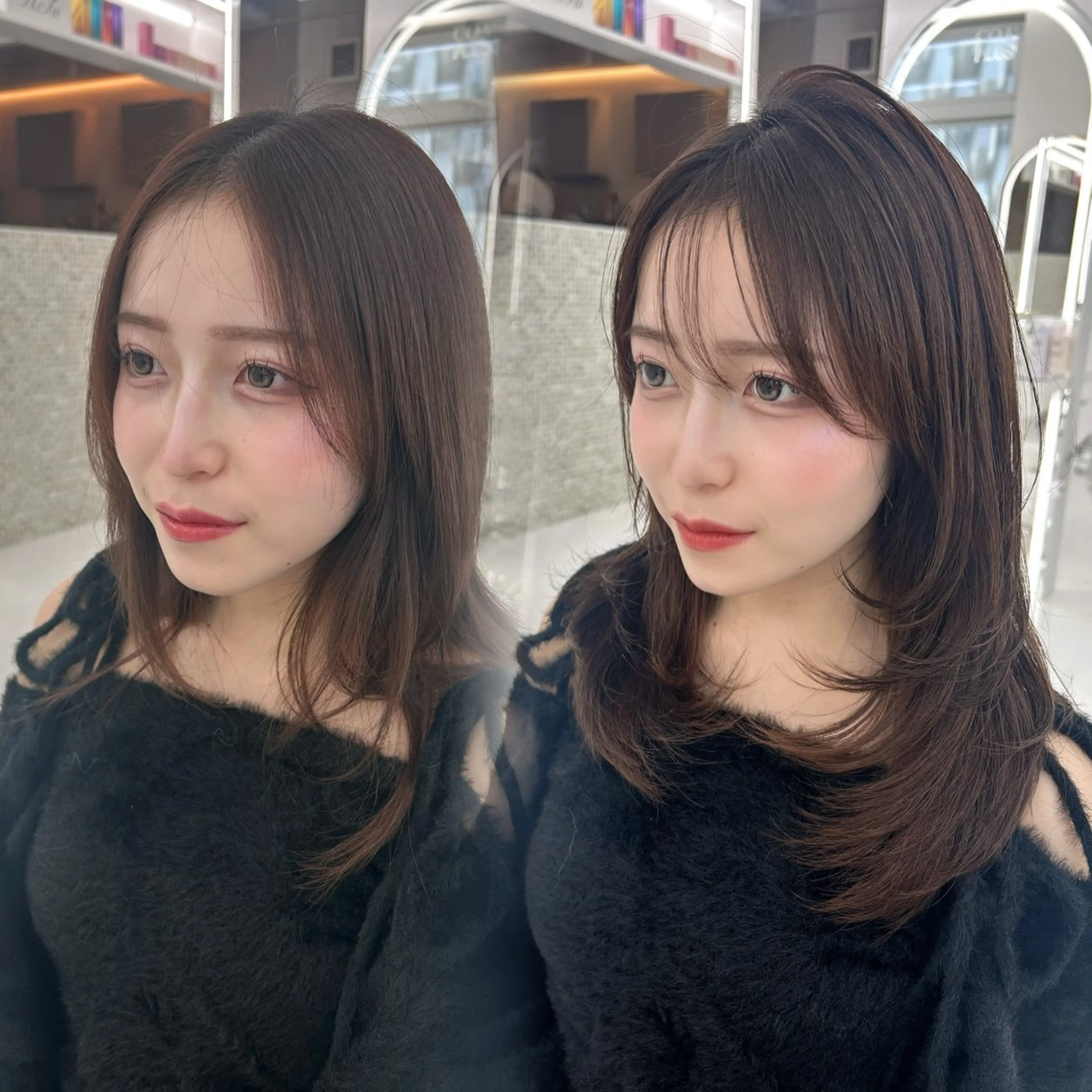 セミロング カラー ベージュカラー 透明感カラー 顔まわりレイヤー 顔周りカット 韓国風ヘア カット ヘアカラー トリートメント 前髪/顔周り/透明感 艶カラーとどさんのヘアスタイル