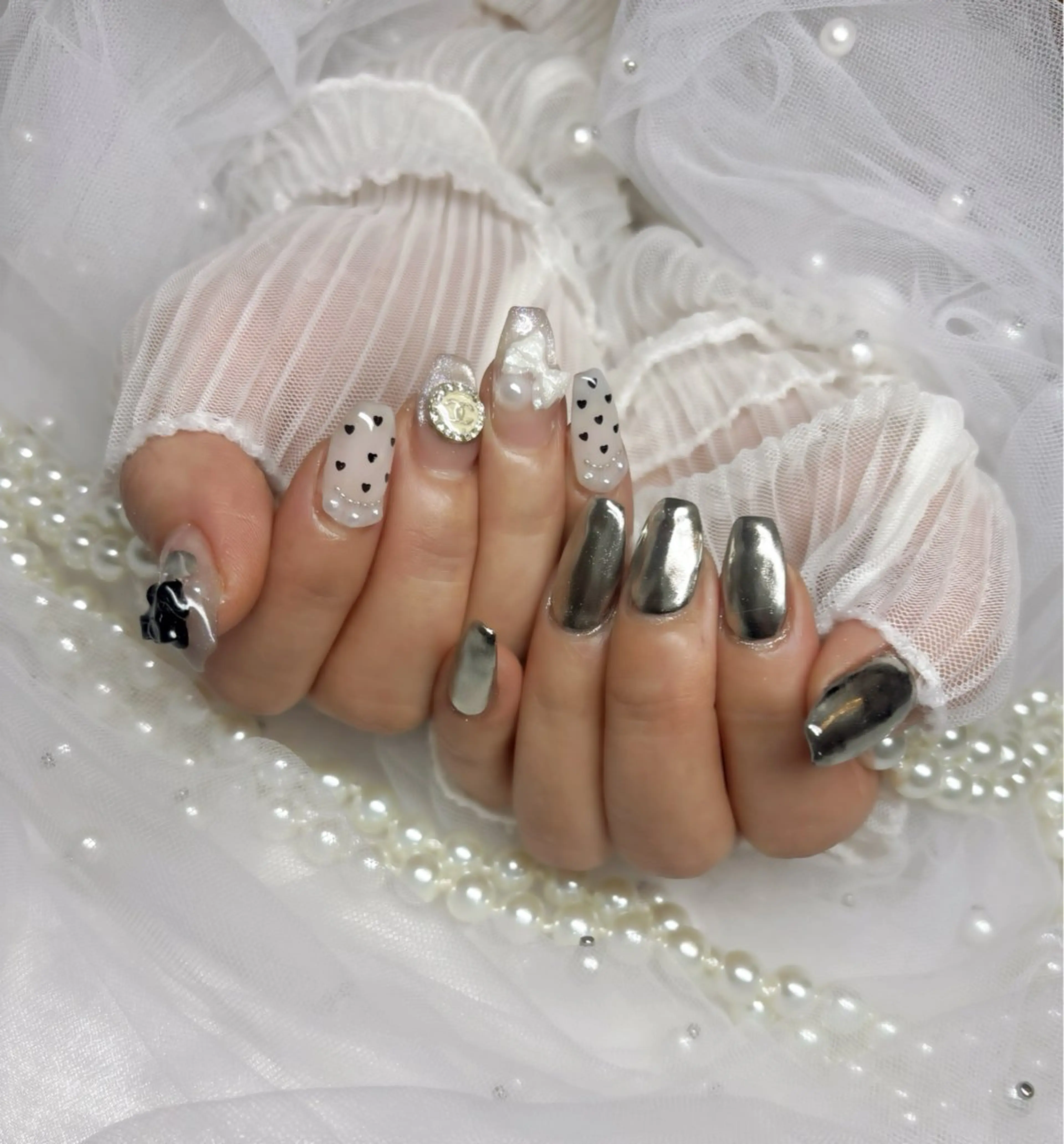 ネイル ドット ハート ミラーネイル ハンドネイル Nail Salon macherieのネイルデザイン