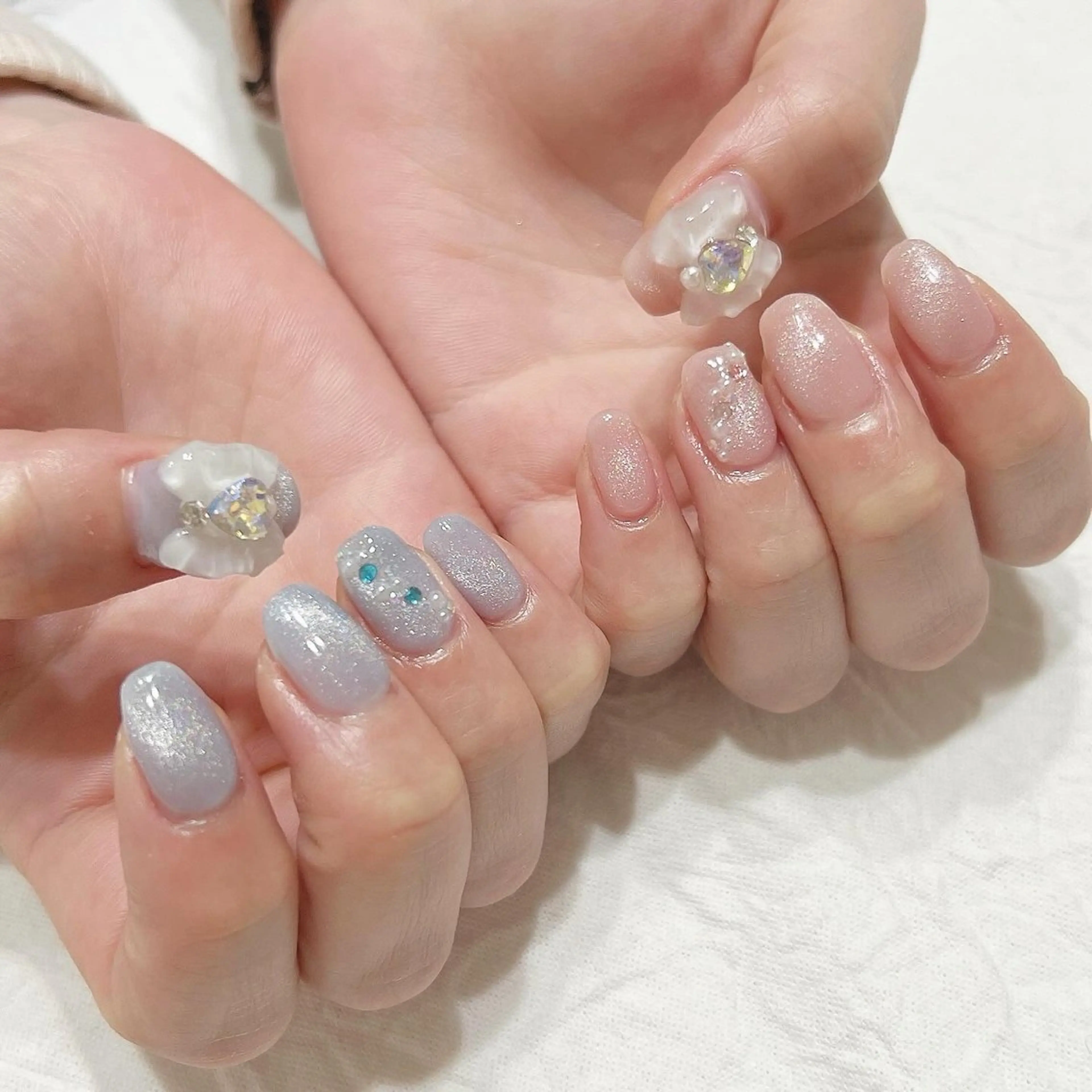 ネイル 水色 ピンク リボン ハンドネイル peaberry nailのネイルデザイン