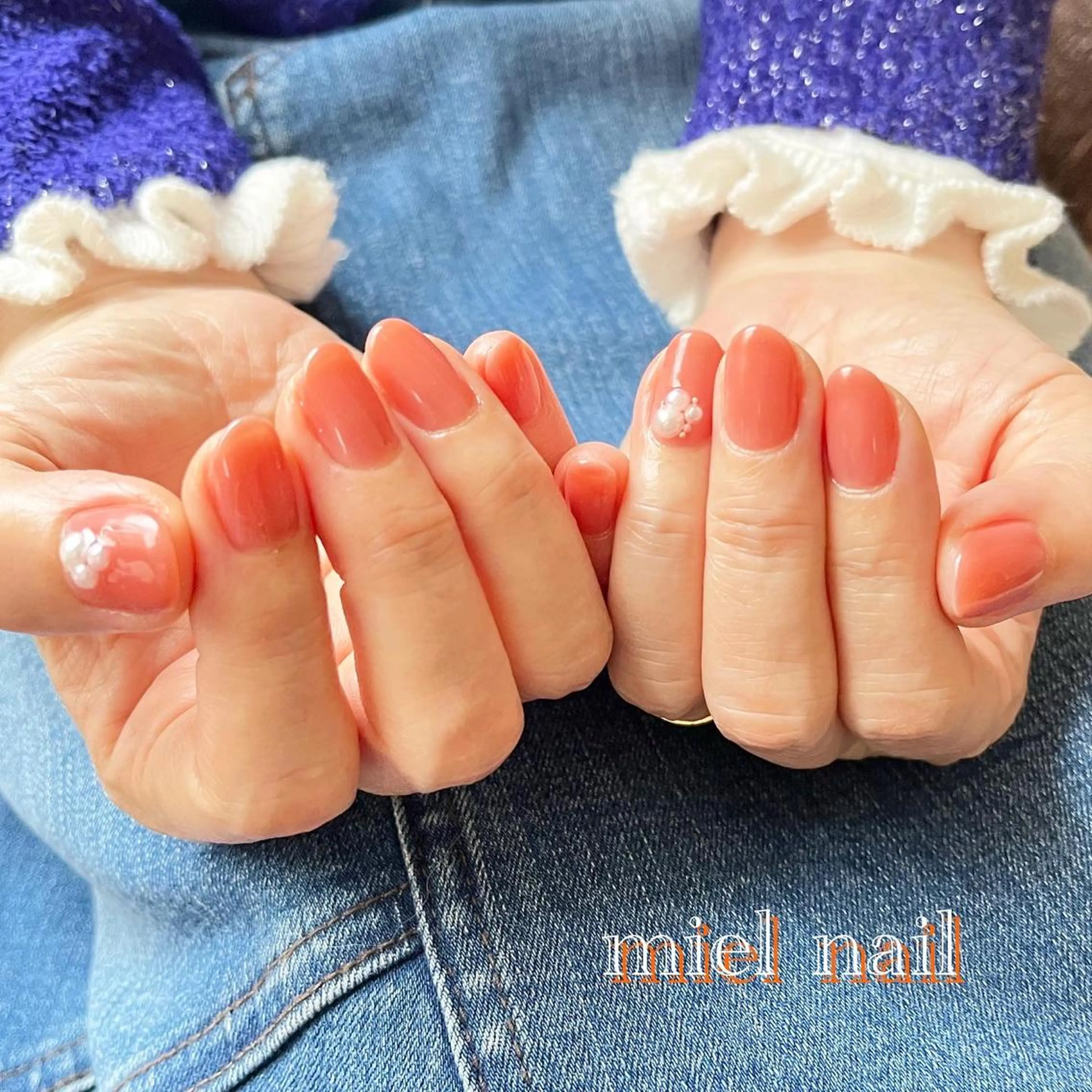 ネイル アートネイル オレンジ ピンク 春ネイル miel nailのネイルデザイン