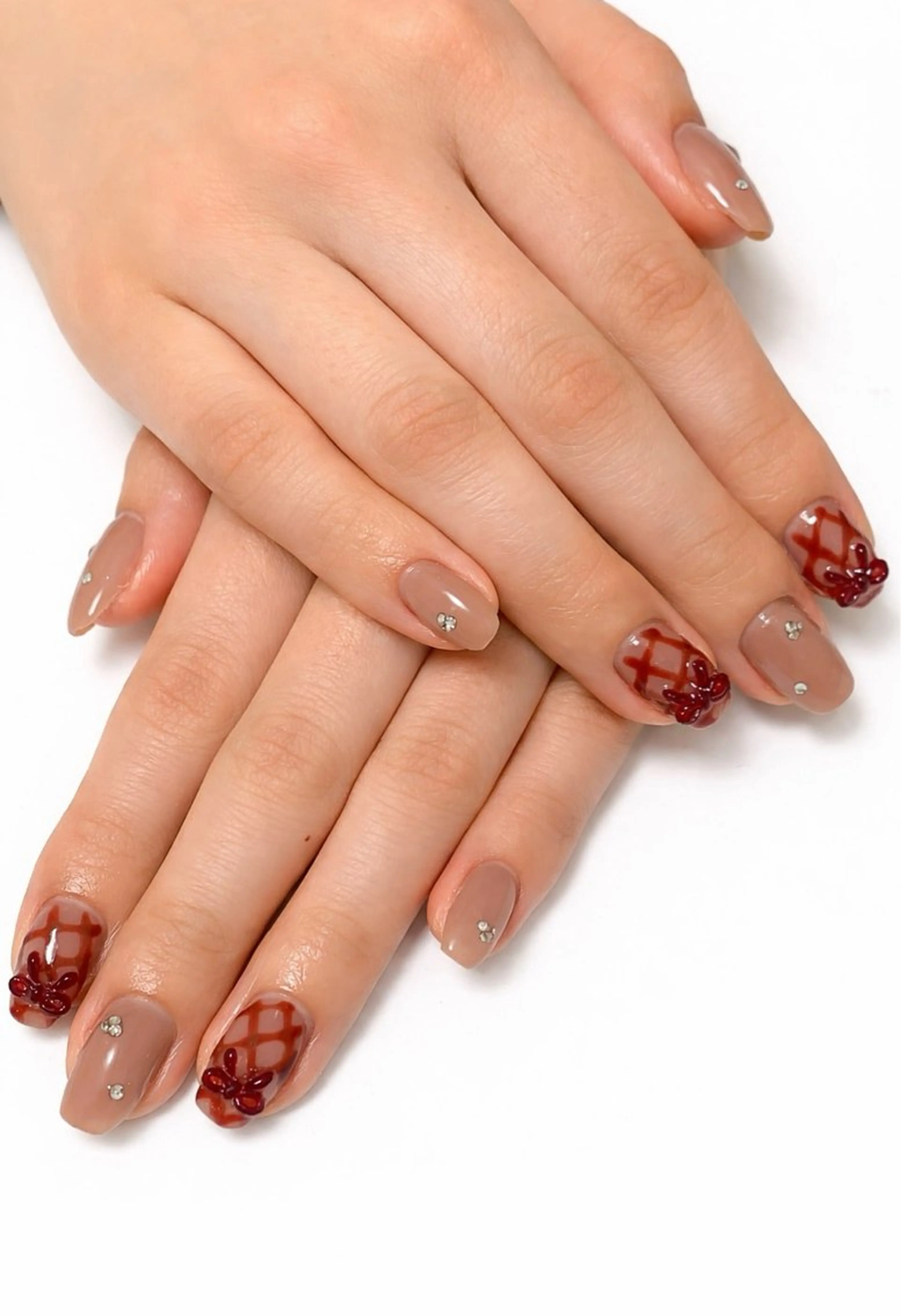 ネイル ガーリー ピンク ピンクベージュ 赤色 リボン nail lumièreのネイルデザイン