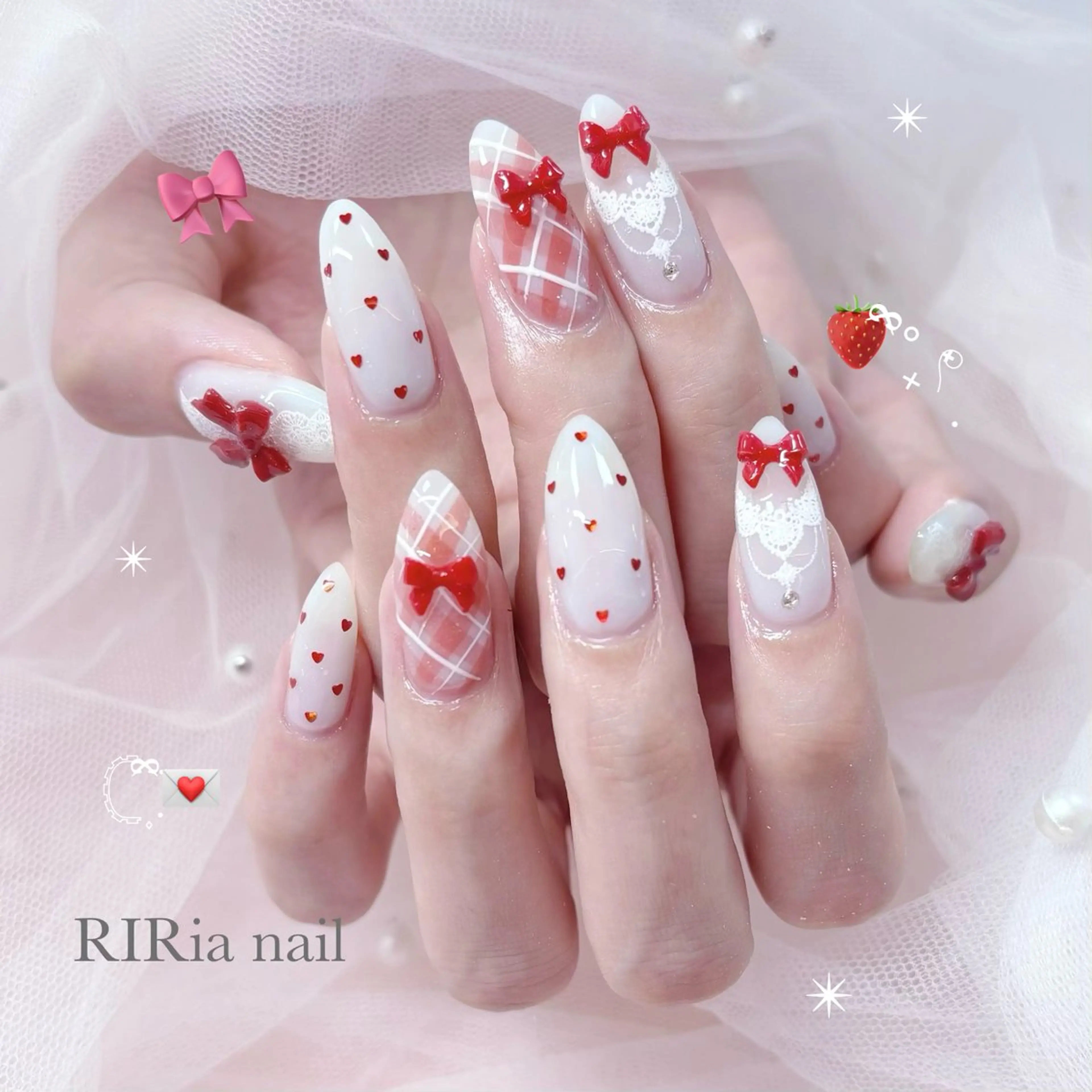 ネイル アートネイル ブルー ガーリー ハート 韓国ネイル ハンドネイル 🎀RIRia nail🎀のネイルデザイン