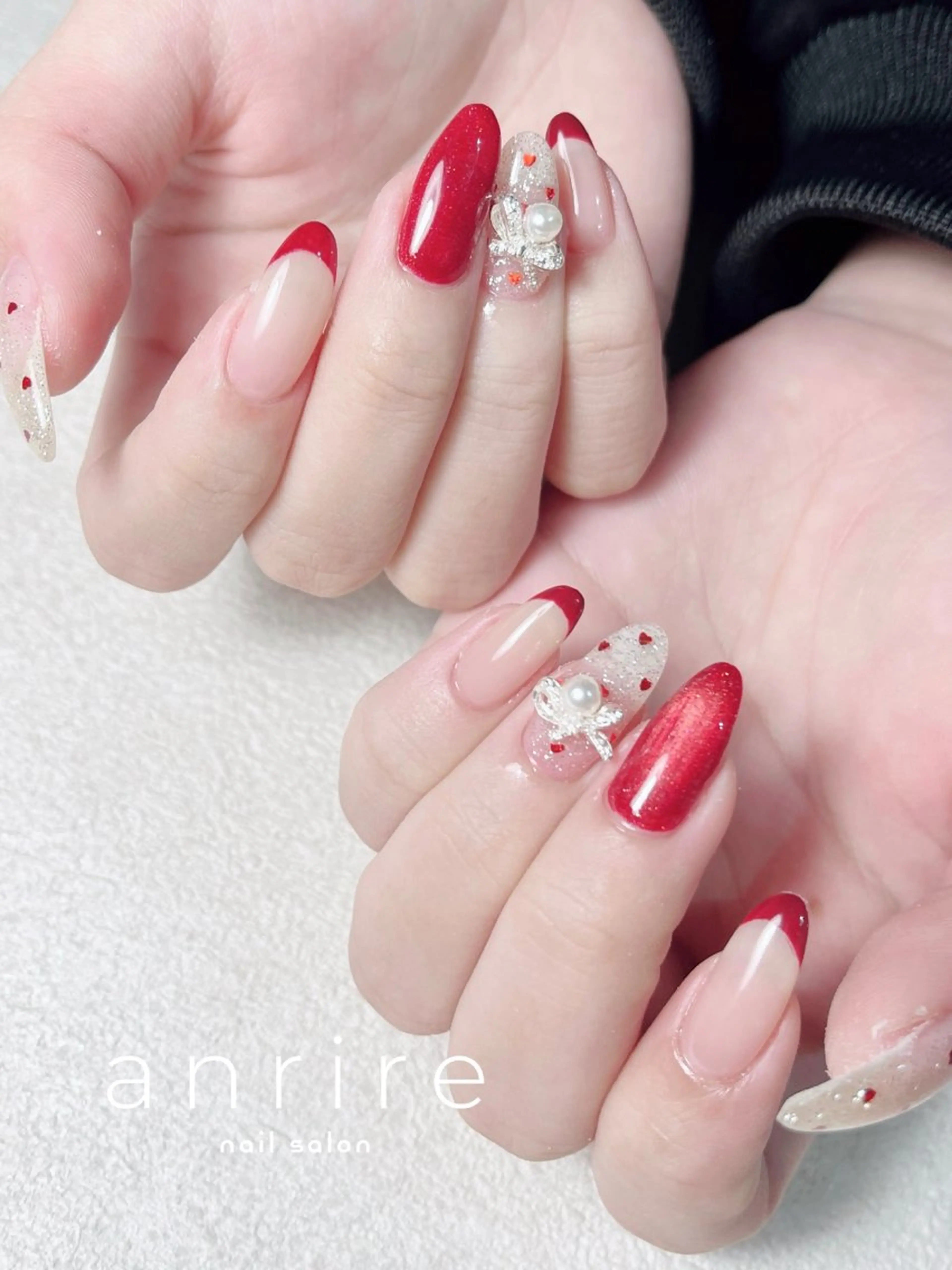 ネイル アートネイル ボルドー ドット フラッシュネイル フレンチネイル ハンドネイル nailsalon anrireのネイルデザイン