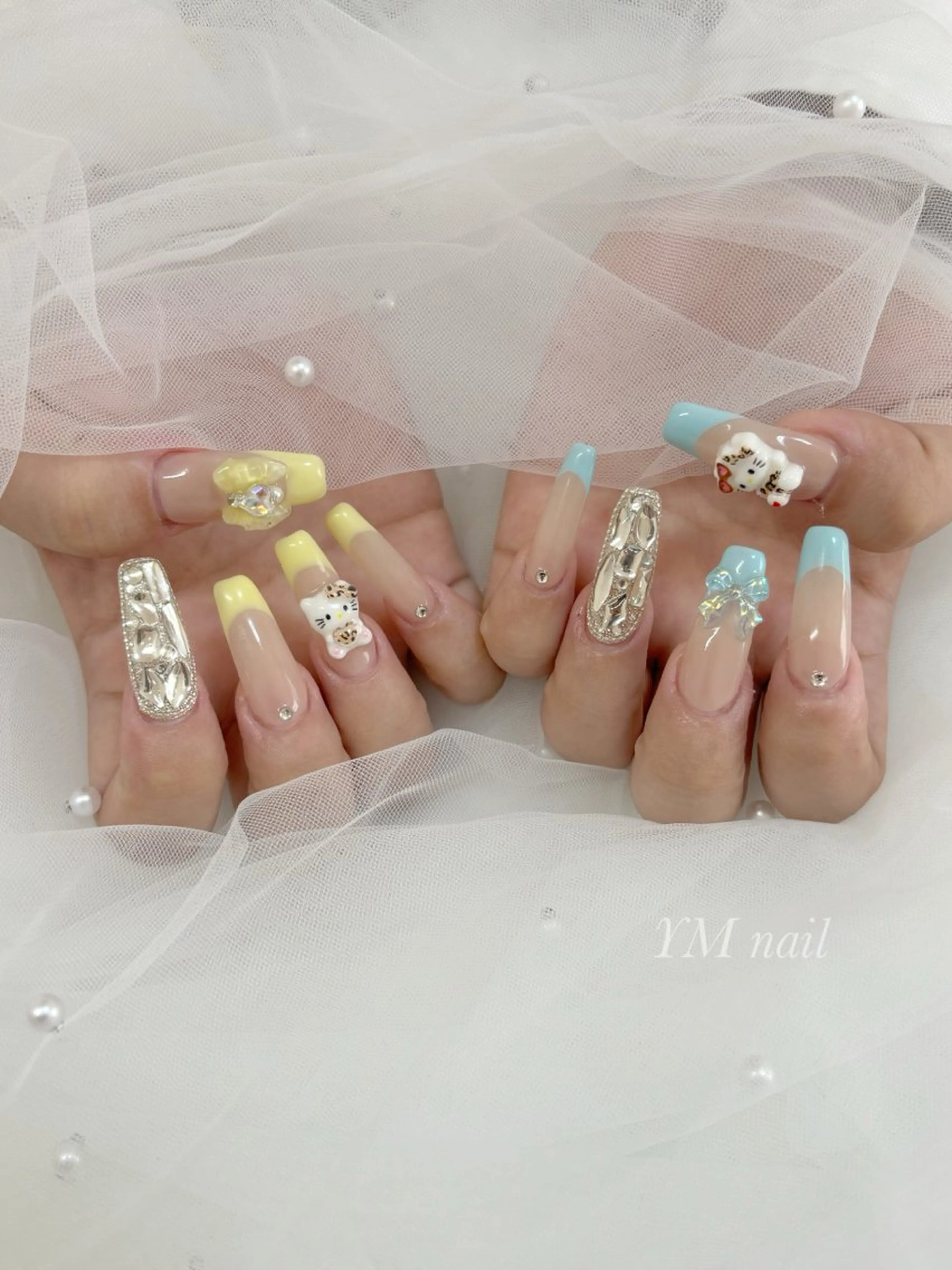ネイル ブルー フレンチネイル ロングネイル スカルプネイル 夏ネイル ハンドネイル YM nailのネイルデザイン