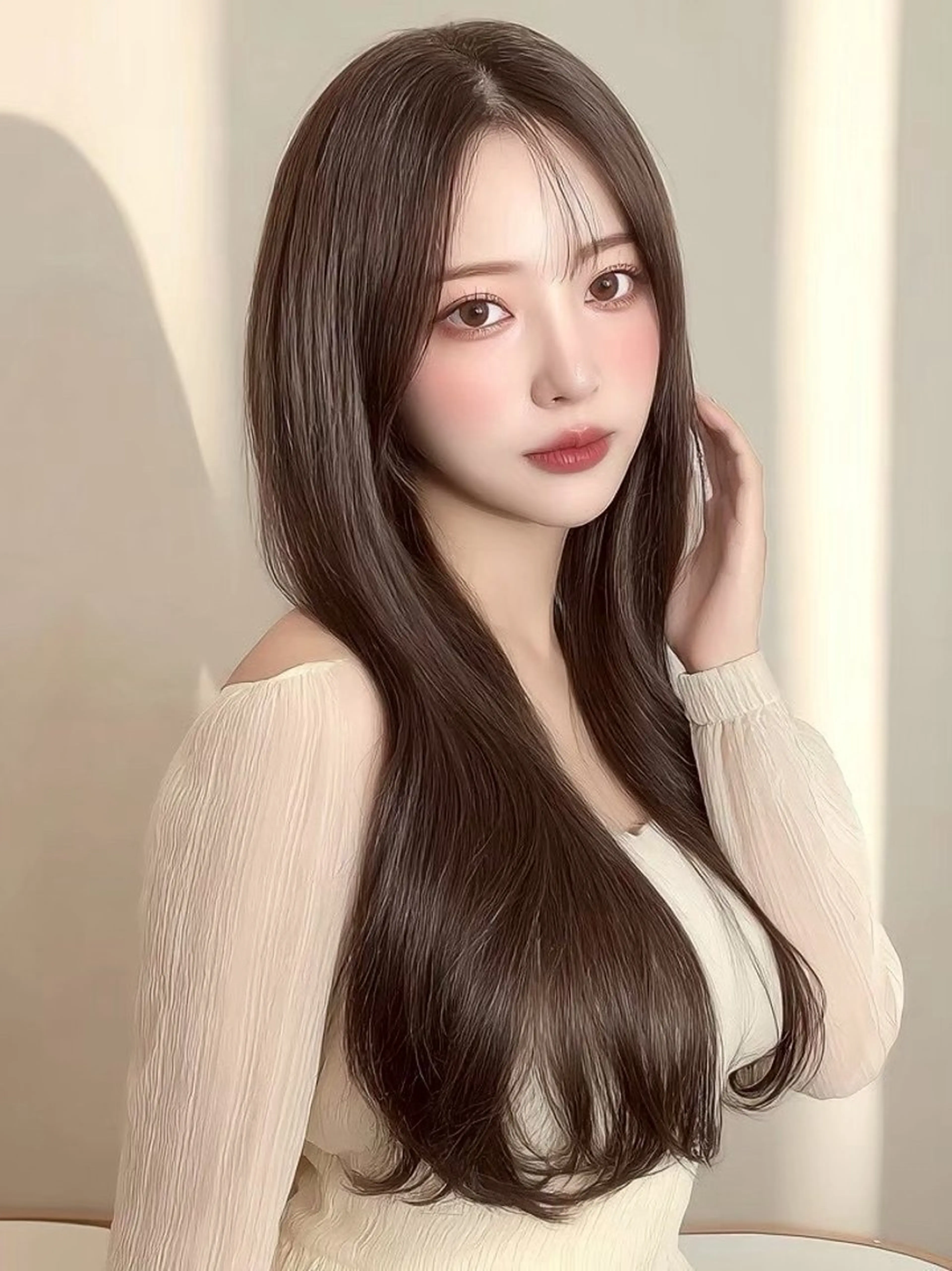 ロング ボブ 顔まわりレイヤー 韓国風ヘア レイヤーカット ウルフカット 岡田 望愛🫧のヘアスタイル