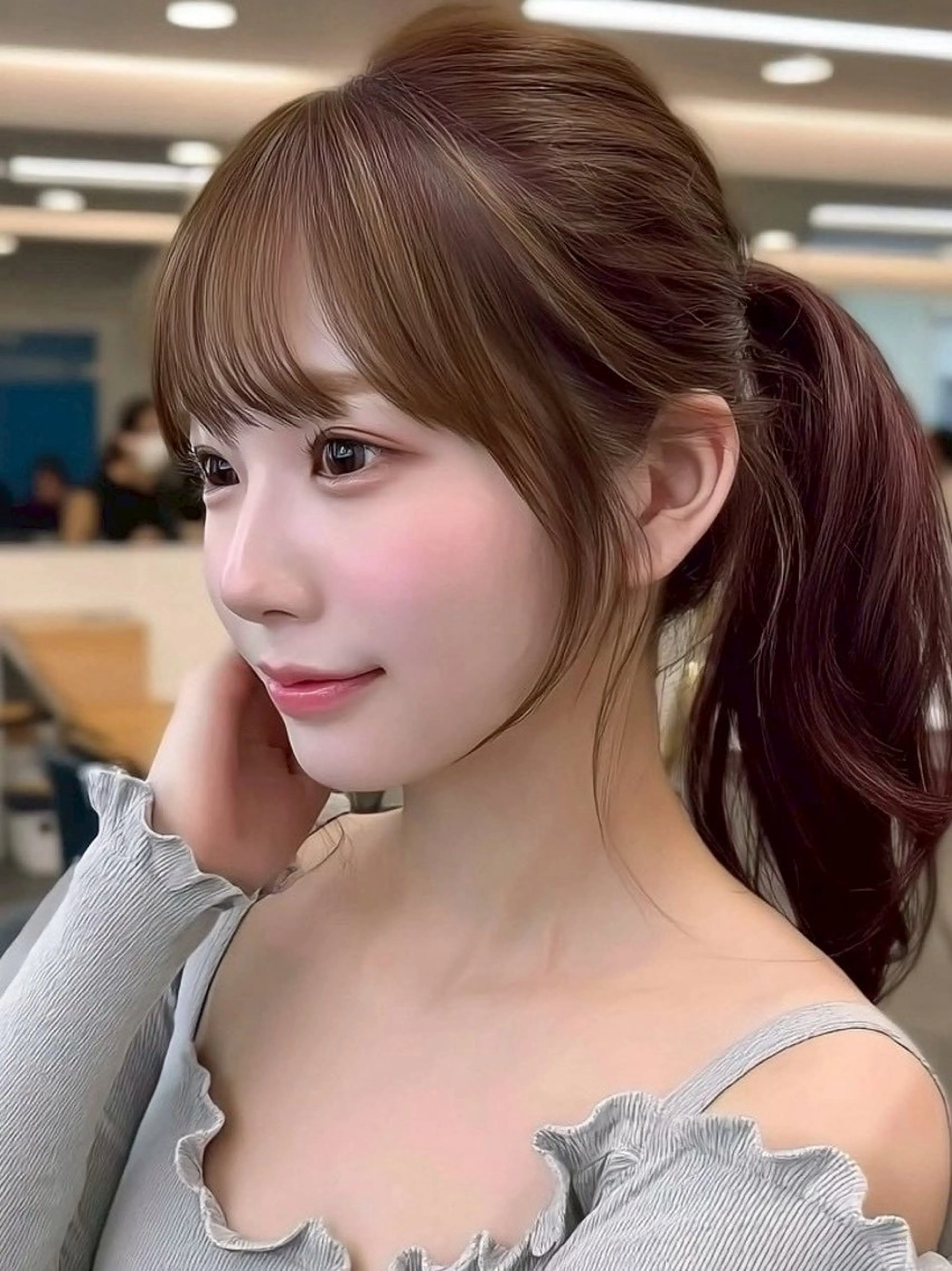 ロング カラー 透明感カラー くびれヘア 顔周りカット ヨシンモリ 韓国風ヘア カット ヘアカラー トリートメント レイヤーカット/ 髪質改善/透カラーのヘアスタイル