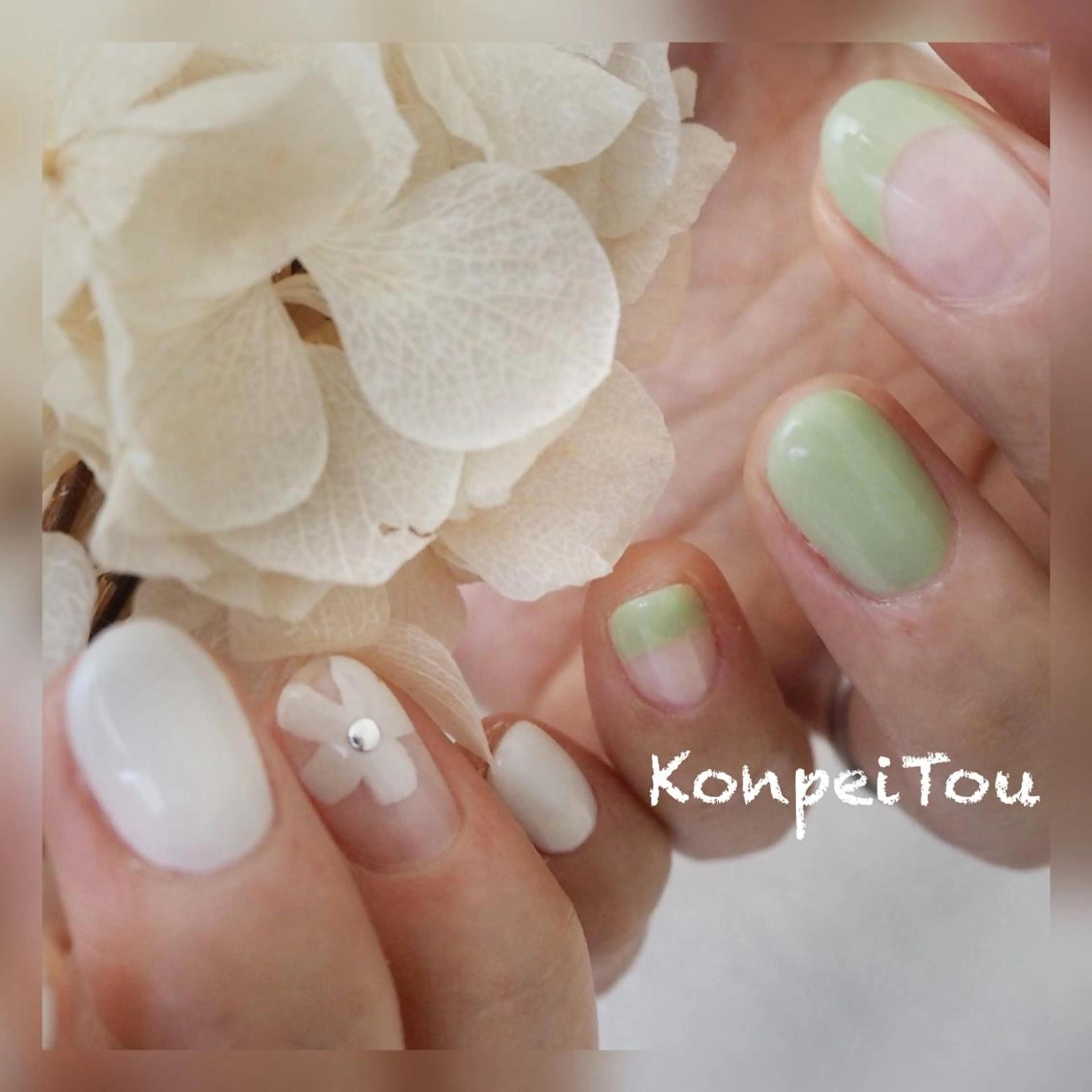 ネイル フレンチネイル ジェルネイル ピスタチオネイル ブライダルネイル ホワイト ハンドネイル おうちのネイルサロン　konpeiTou〜こんぺいとう〜所属・おうちのネイルサロン KonpeiTouのネイルデザイン