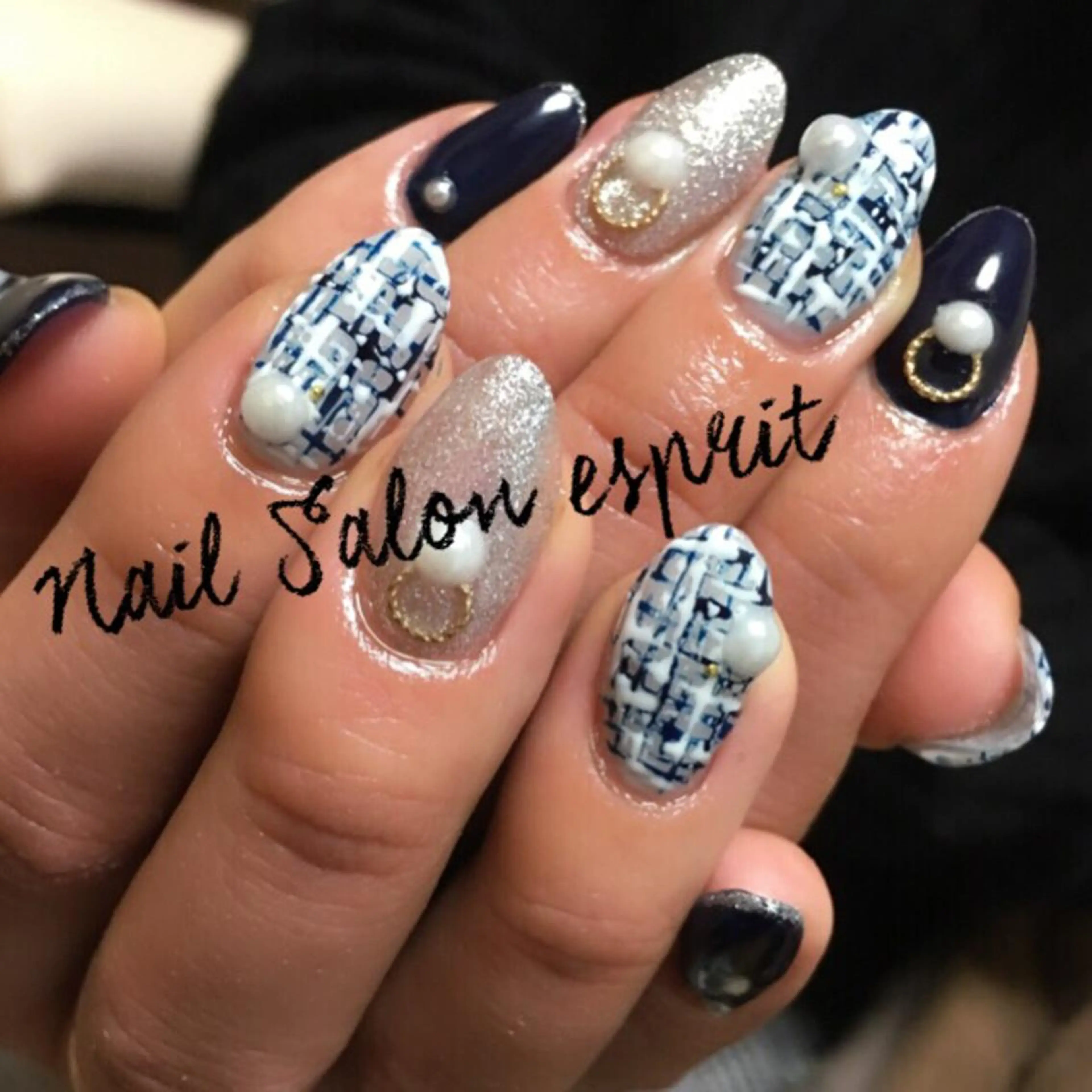 ネイル 長さ出し ネイビー スカルプネイル ツイードネイル Nail Salon espritのネイルデザイン