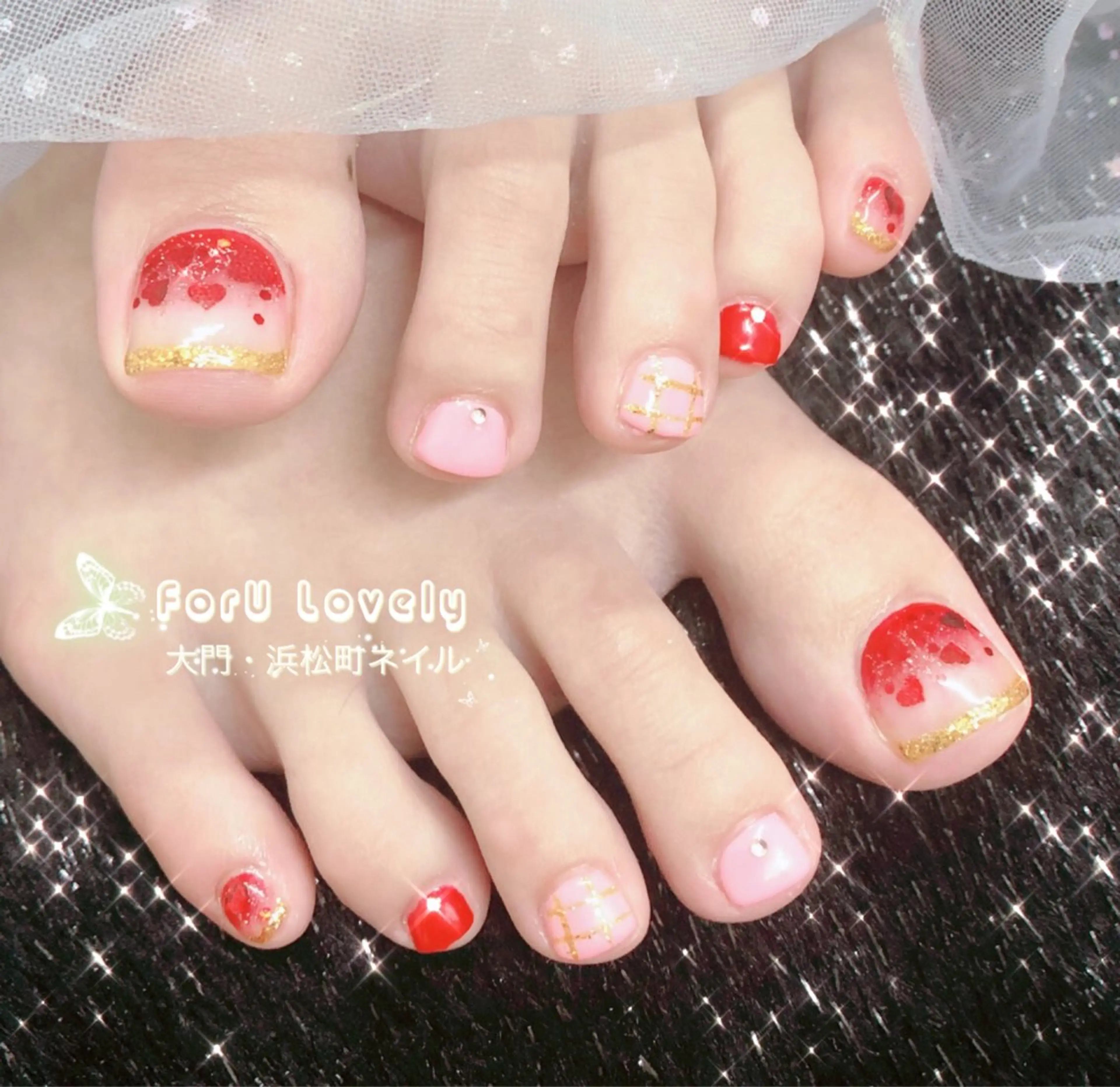 ネイル オーロラネイル フットネイル ジェルネイル ハート 韓国ネイル フットネイル 大門浜松町 ネイルのネイルデザイン