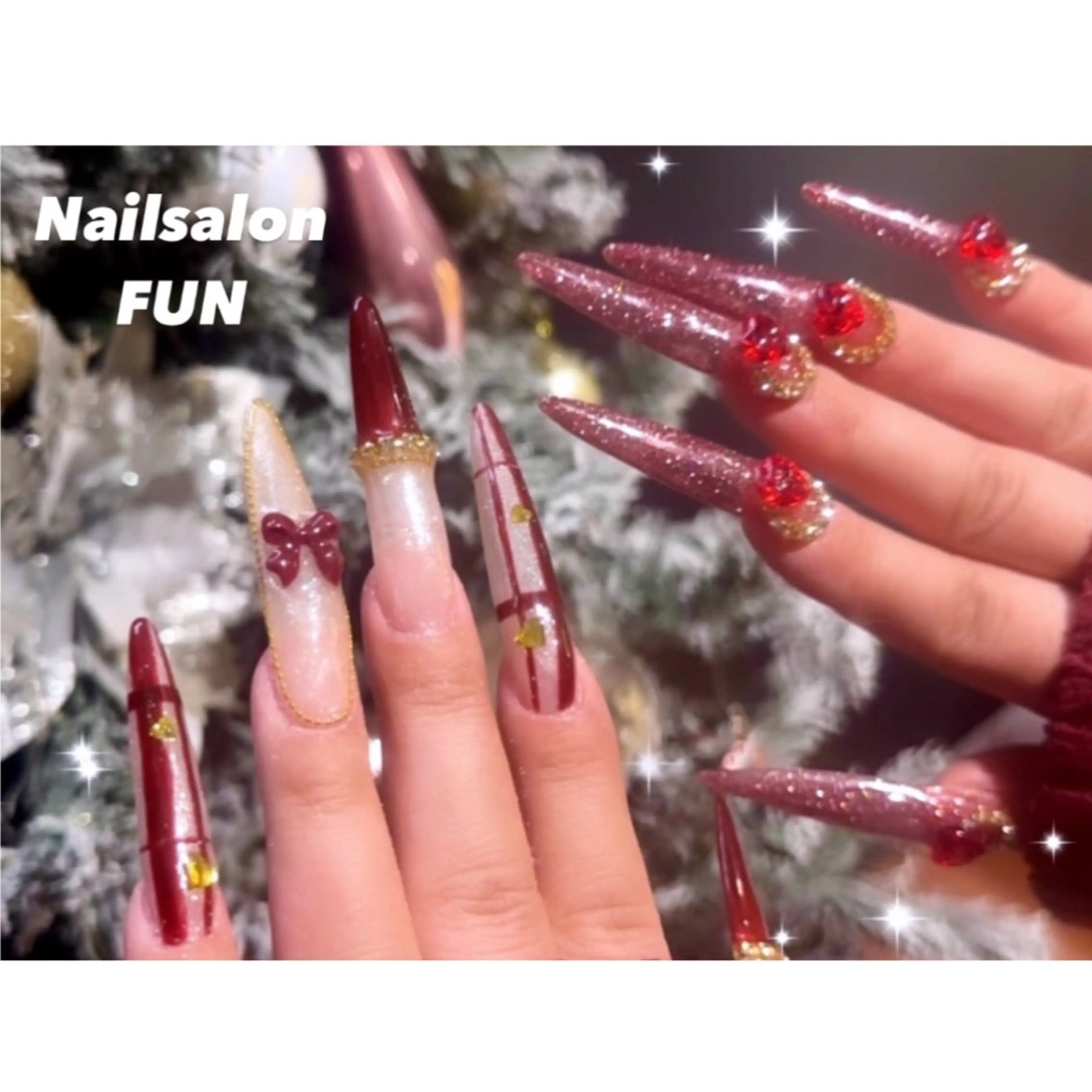 ネイル ボルドー フラッシュネイル ワンカラーネイル リボン 冬ネイル Nailsalon FUN🌈のネイルデザイン